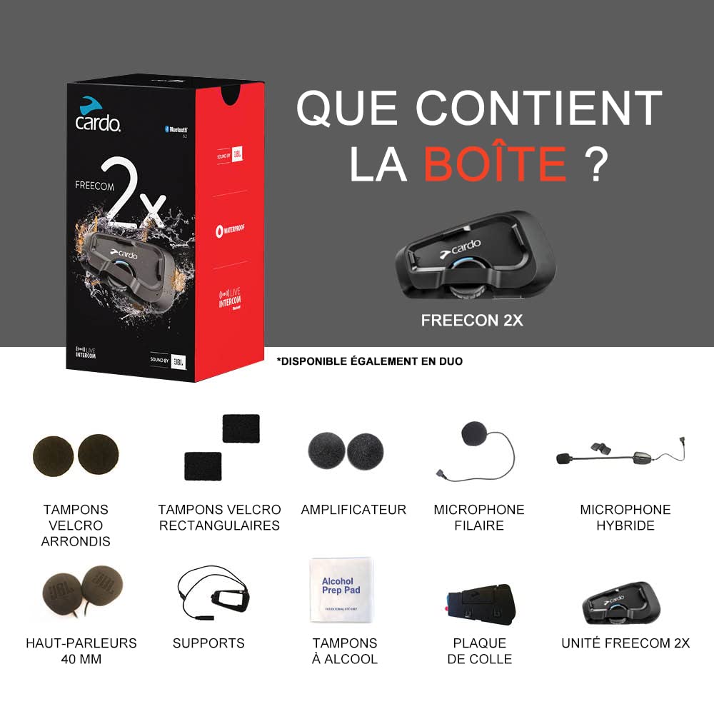 Intercom moto Bluetooth FREECOM 2X communication 2 voies étanche portée 800 m autonomie 13 heures fréquence 20 Hz 20 kHz lot de 2