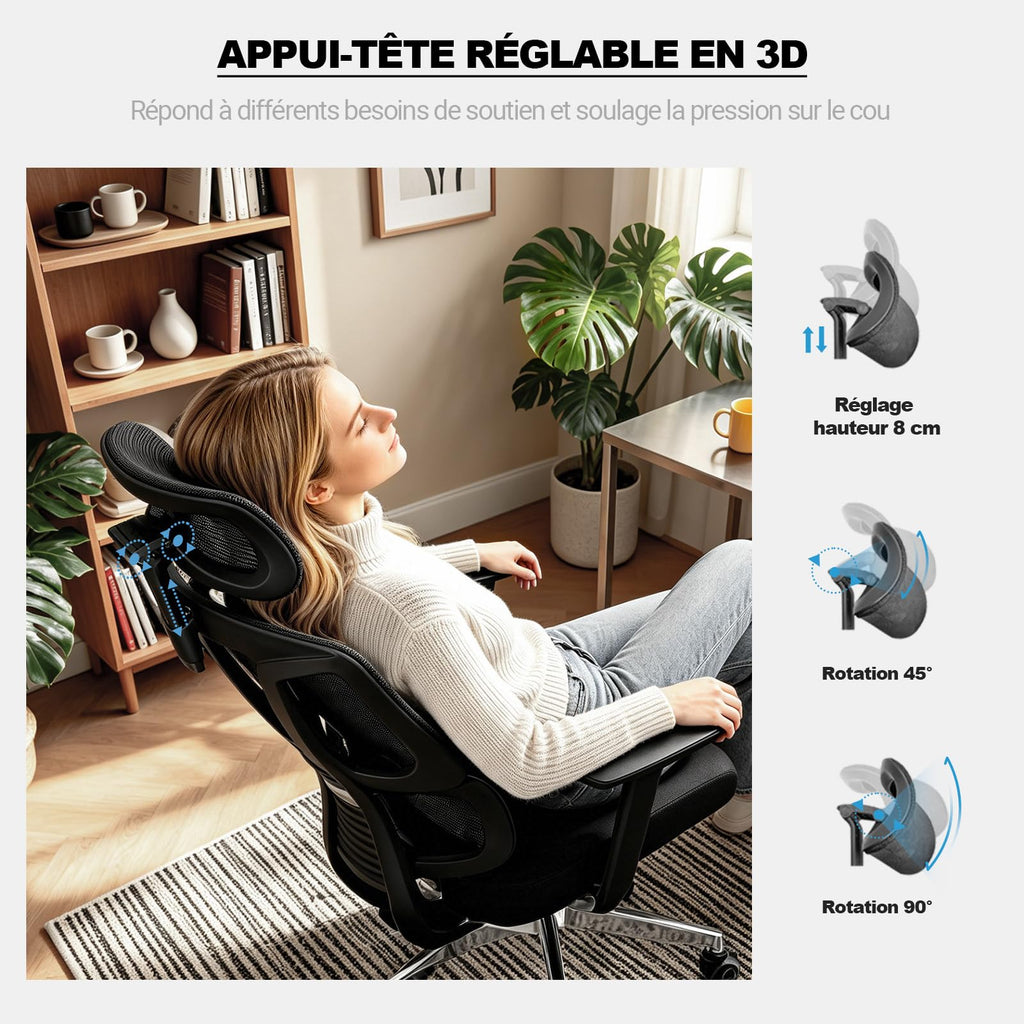 Fauteuil de bureau ergonomique N045 avec accoudoirs 4D appui-tête 3D profondeur d'assise réglable inclinaison 4 niveaux support 200 kg