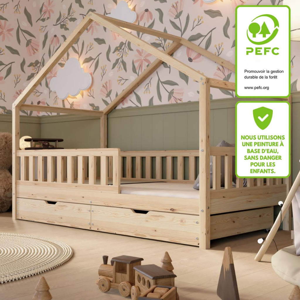 Lit cabane enfant Crazy House 190x90 cm en bois de pin avec tiroirs de rangement barrière de sécurité sommier inclus