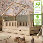 Lit cabane enfant Crazy House 190x90 cm en bois de pin avec tiroirs de rangement barrière de sécurité sommier inclus