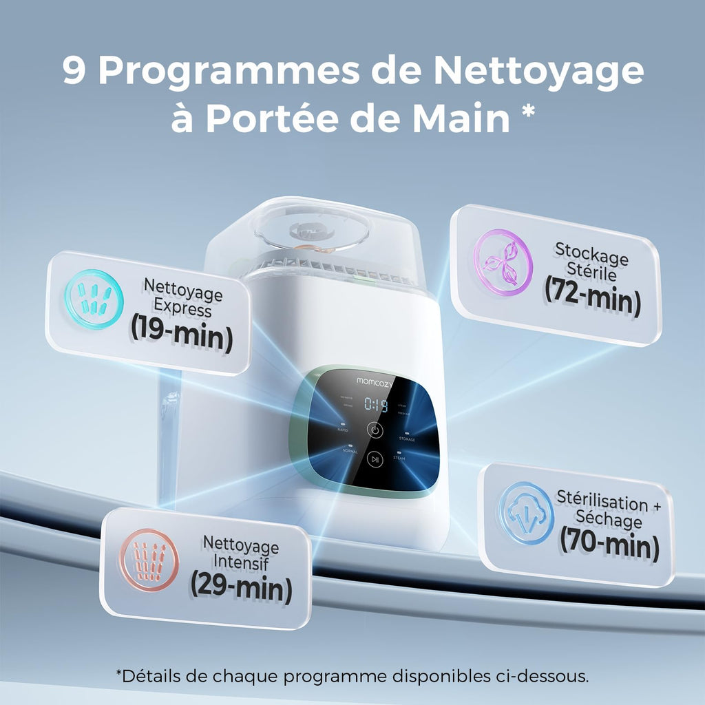 Nettoyeur biberons électrique automatique avec stérilisation vapeur séchage cycle rapide 19 min 26 buses haute pression