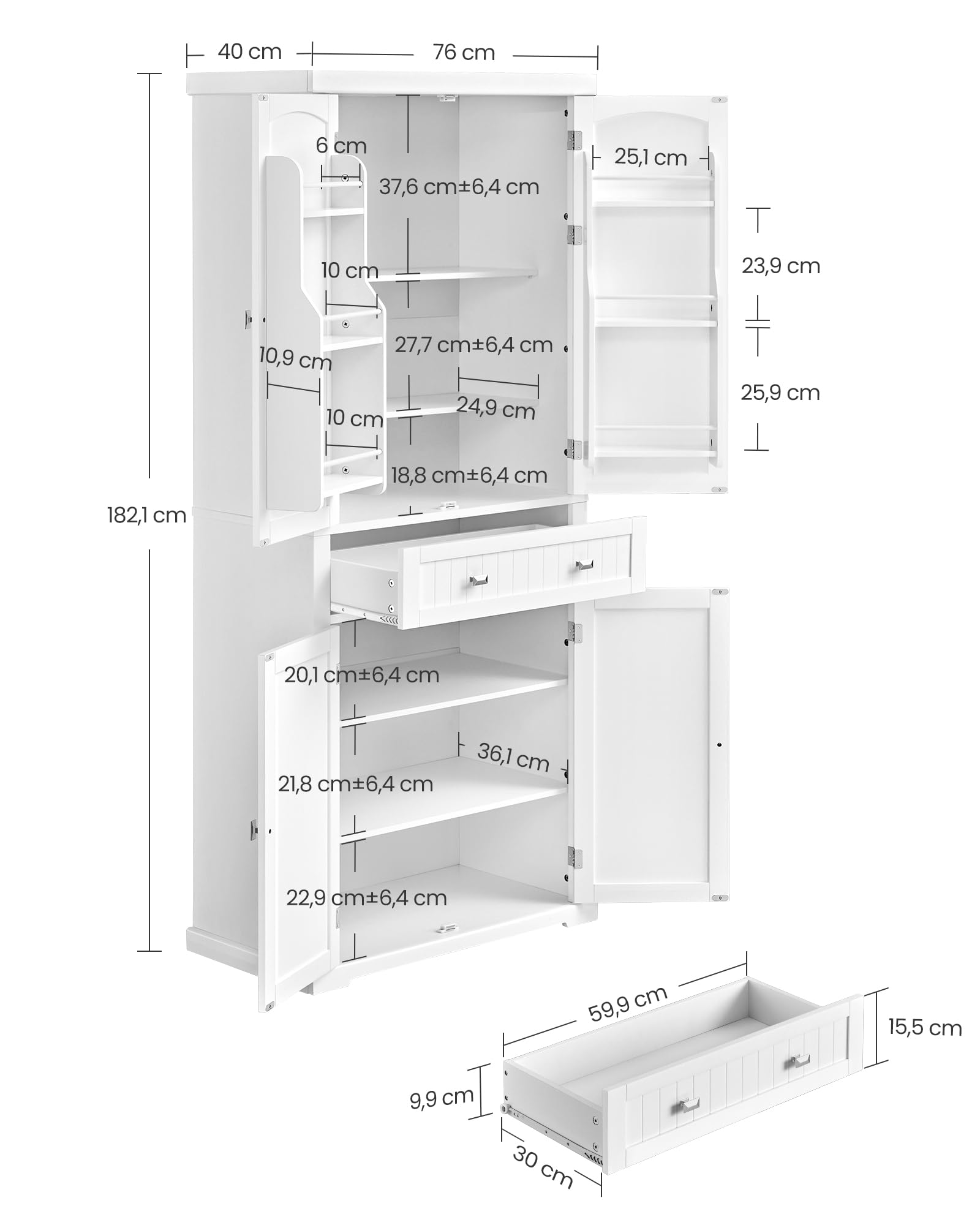 Buffet haut de cuisine BBC561W21 avec tiroir placards et étagères réglables charge maximale 27 kg 76 x 182,1 cm blanc