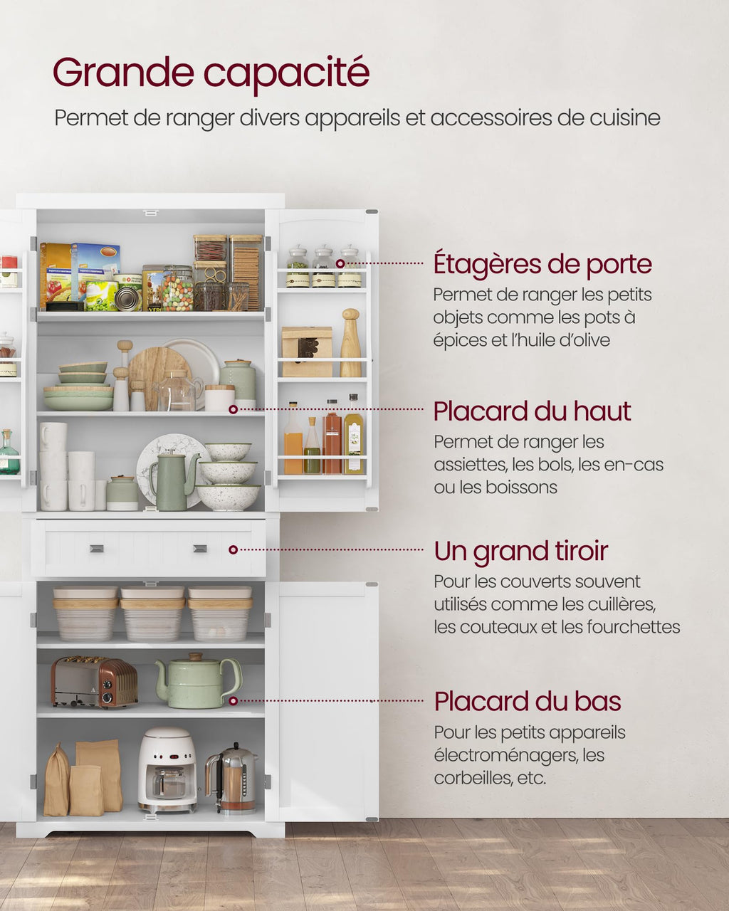 Buffet haut de cuisine BBC561W21 avec tiroir placards et étagères réglables charge maximale 27 kg 76 x 182,1 cm blanc