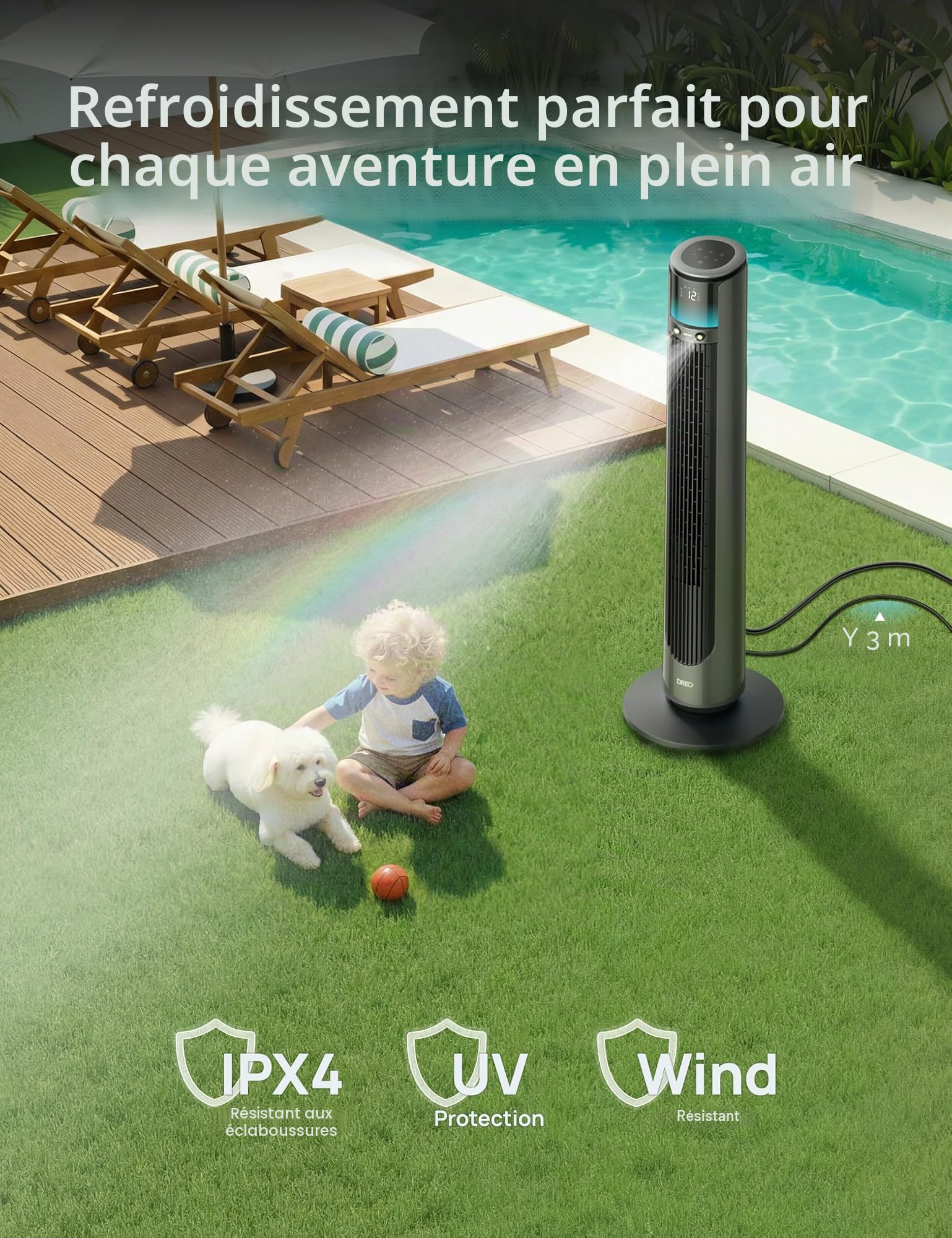 Ventilateur brumisateur sur pied TurboCool 711AS avec moteur DC 12 vitesses oscillation 150° débit d'air 3435 m³/h télécommande