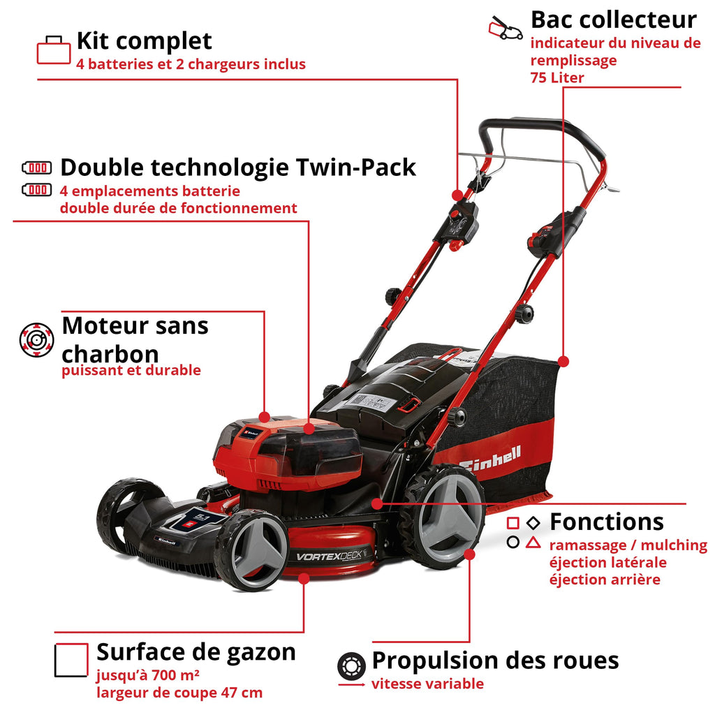 Tondeuse à gazon sans fil GP-CM 36/47 S HW Li 36V largeur de coupe 47 cm autotractée moteur sans charbon avec 4 batteries 4,0 Ah
