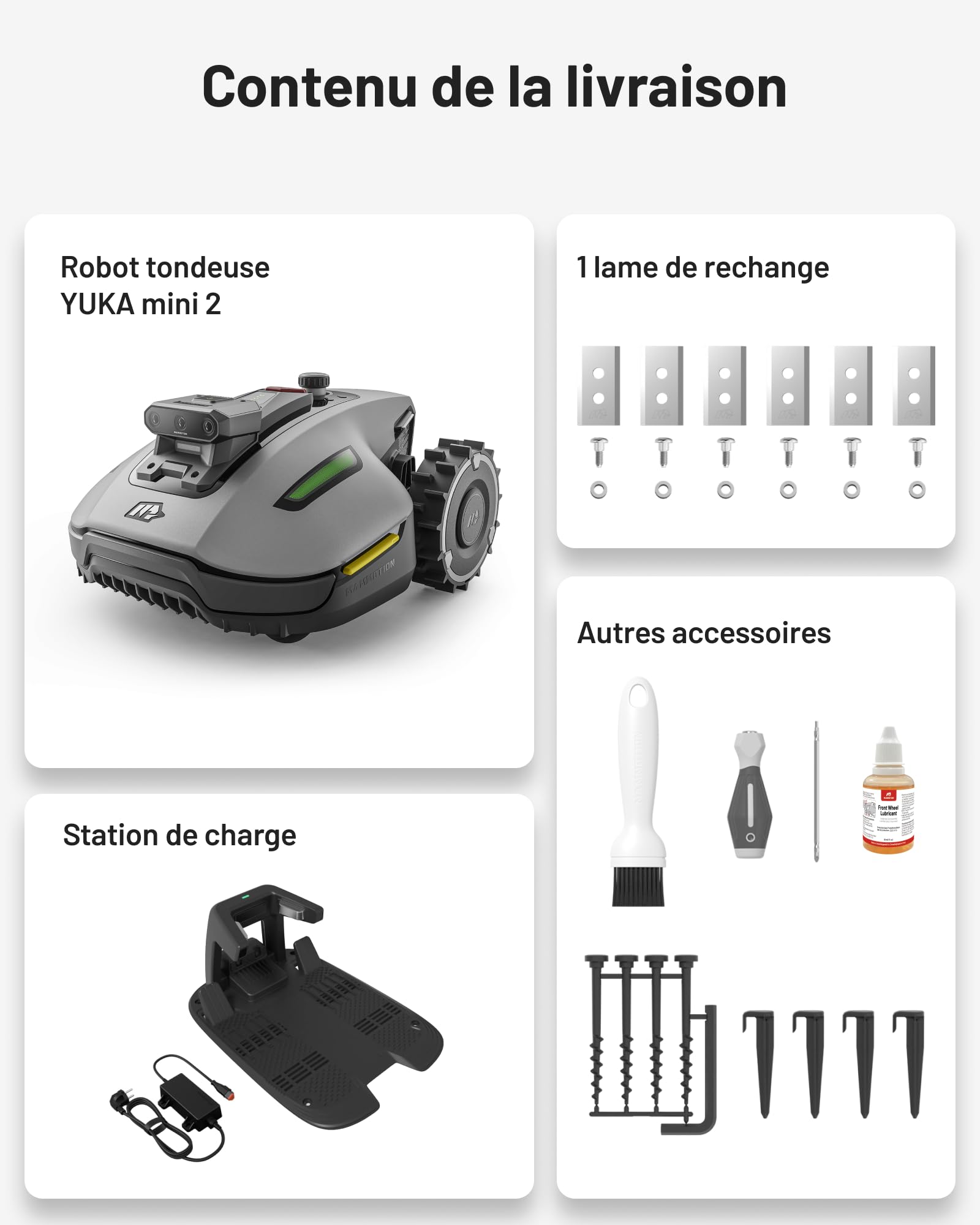 Robot tondeuse YUKA Mini 2 500 YMVS3 sans fil pour pelouse jusqu'à 500 m² caméra IA triple vision cartographie multi-zones coupe 19 cm