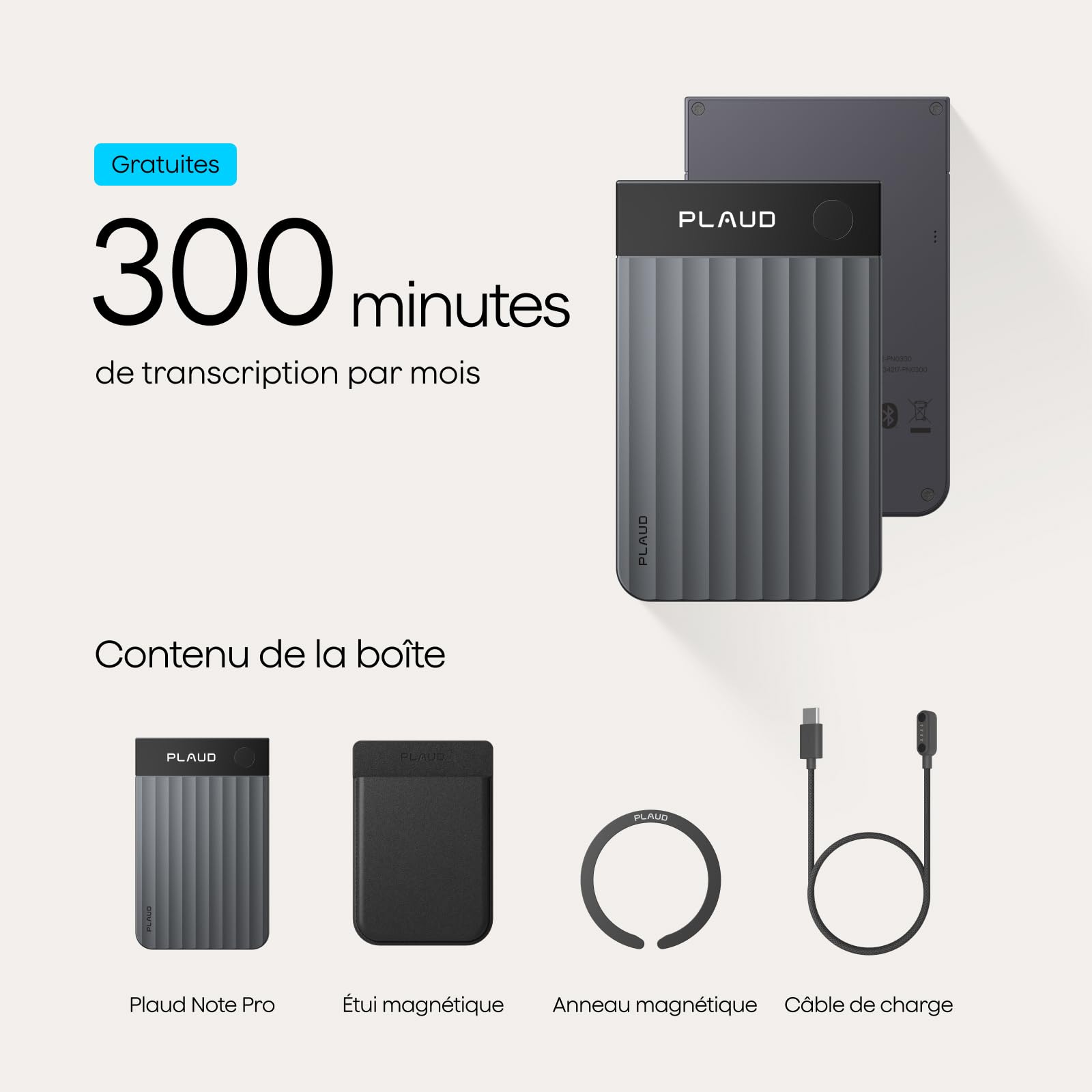 Enregistreur vocal IA PN0300 avec transcription automatique 64Go stockage Bluetooth enregistrement stéréo 50h avec étui magnétique