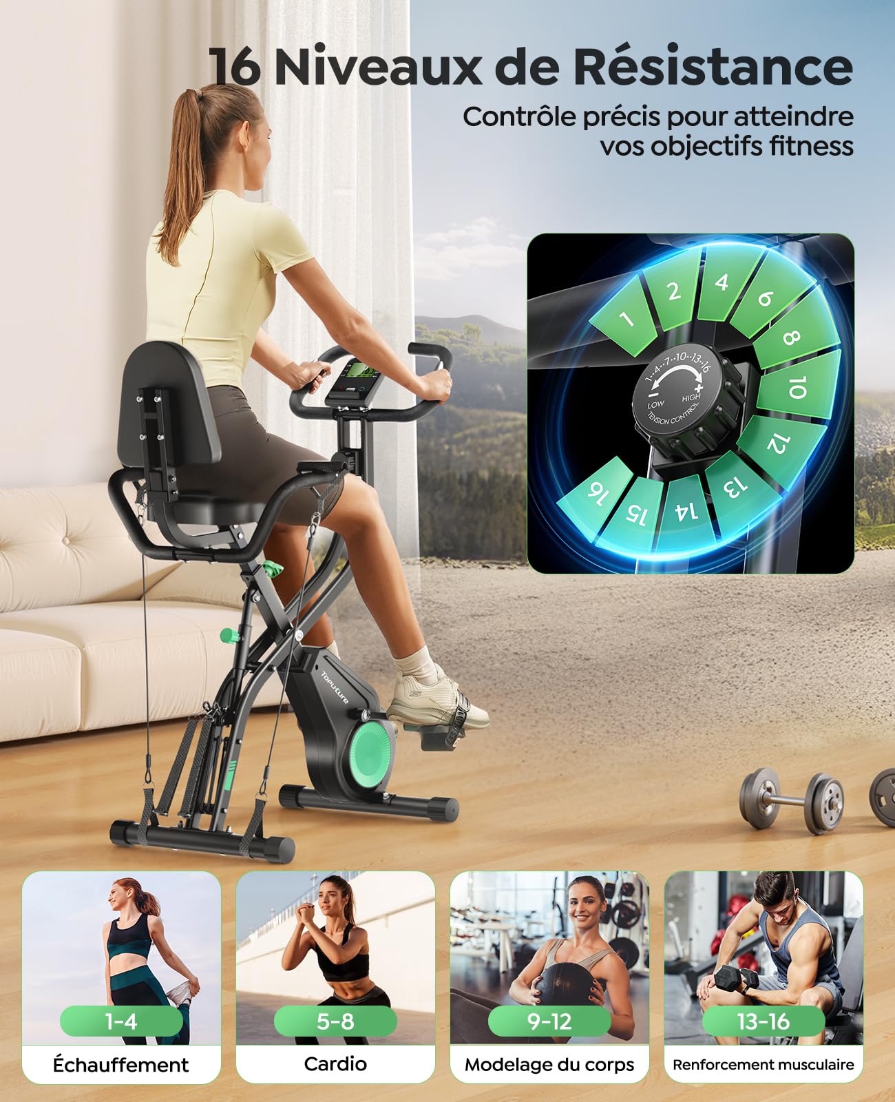 Vélo d'appartement pliable TEB4 5 en 1 avec résistance magnétique 16 niveaux écran LCD connexion APP capacité 140 kg