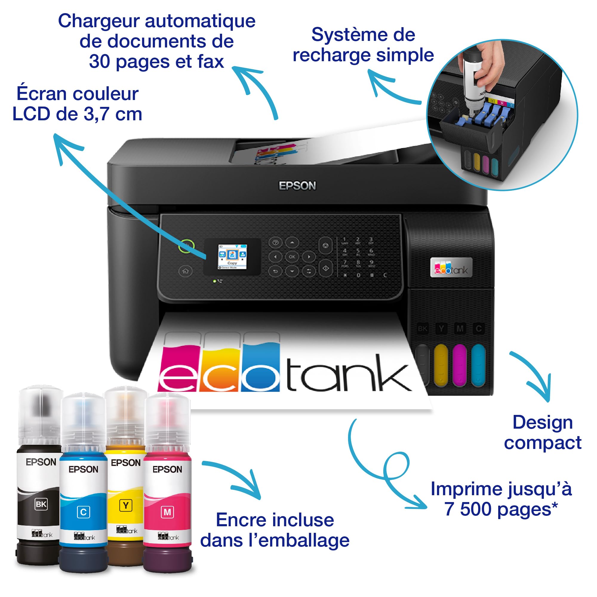 Imprimante multifonction EcoTank ET-4800 A4 Wi-Fi jet d'encre couleur avec réservoirs d'encre chargeur automatique de documents