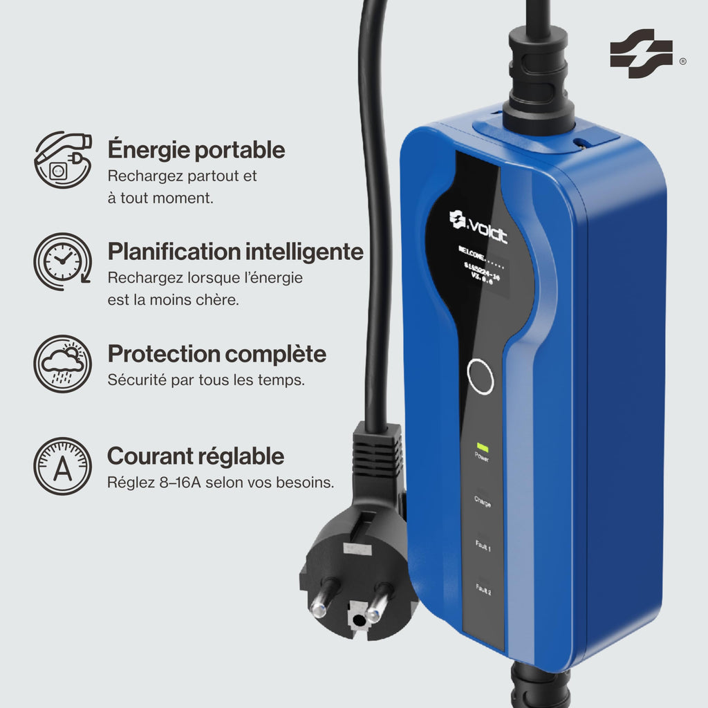 Câble de charge Type 2 Schuko 3,7 kW monophasé 8A-16A compatible véhicules électriques avec affichage numérique