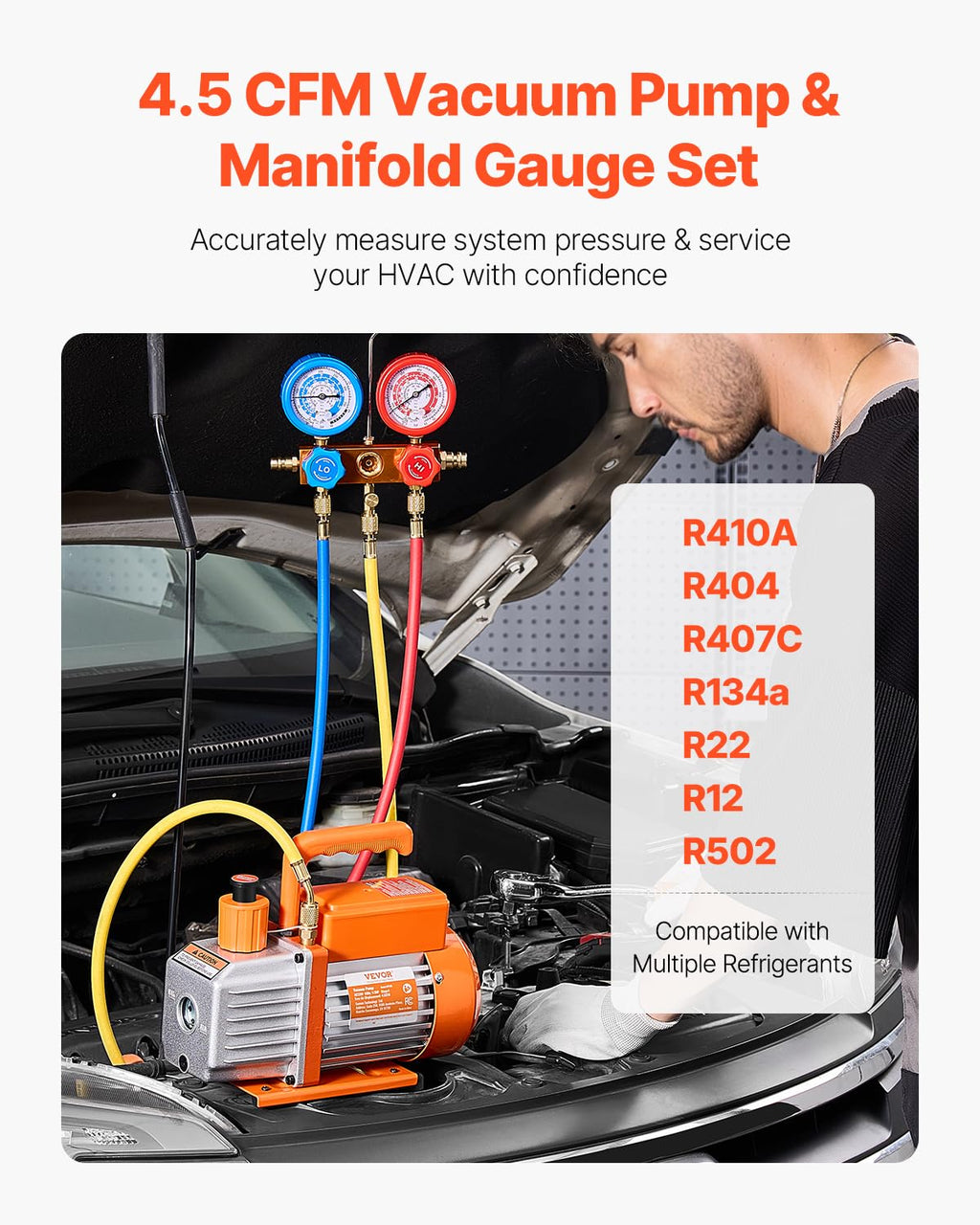 Pompe à vide climatisation VP145 127 L/min 4,5 CFM avec kit manomètre collecteur réfrigérant détecteur de fuite et accessoires