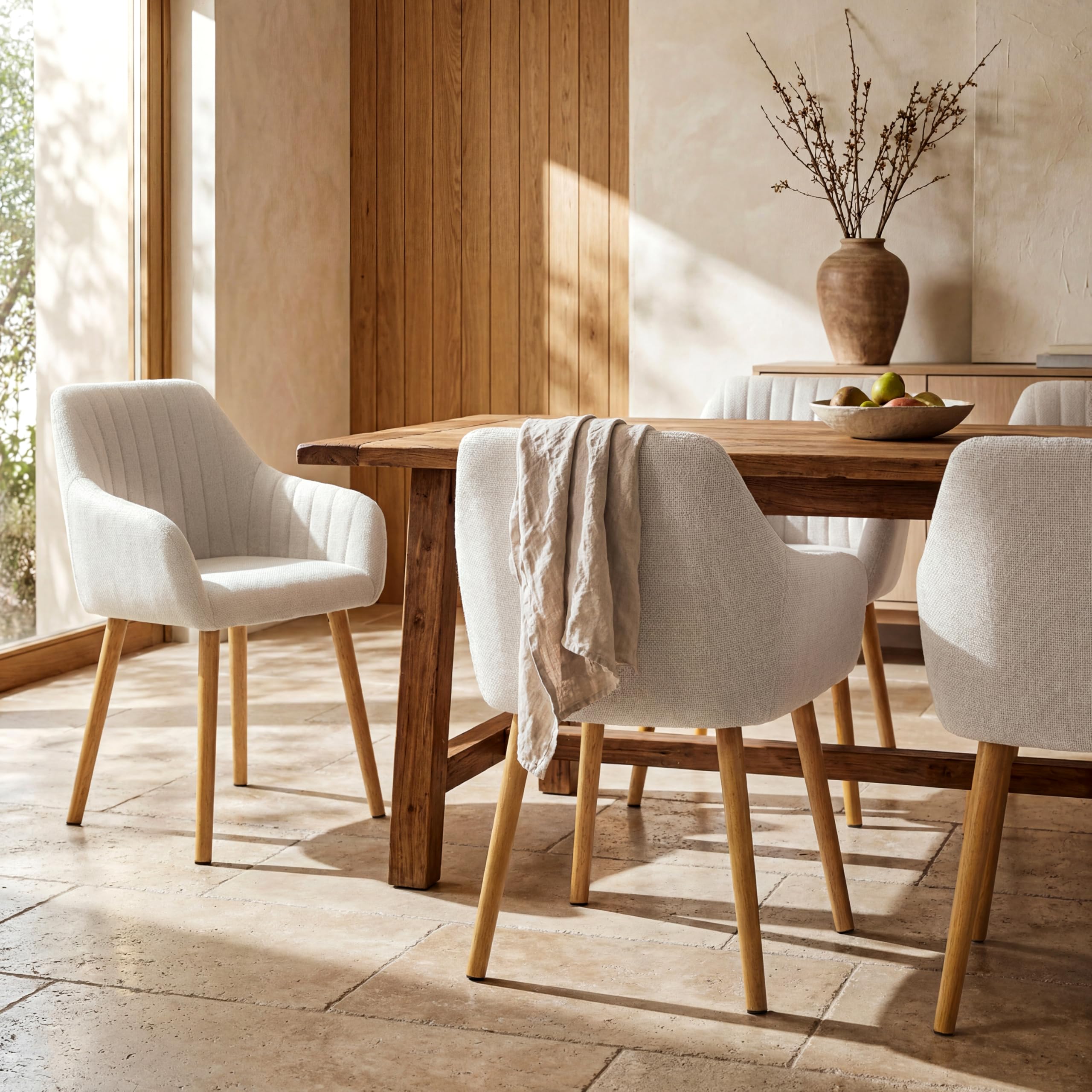 Chaises de salle à manger avec accoudoirs dossier réglable en velours rembourré lot de 6 pieds en bois beige
