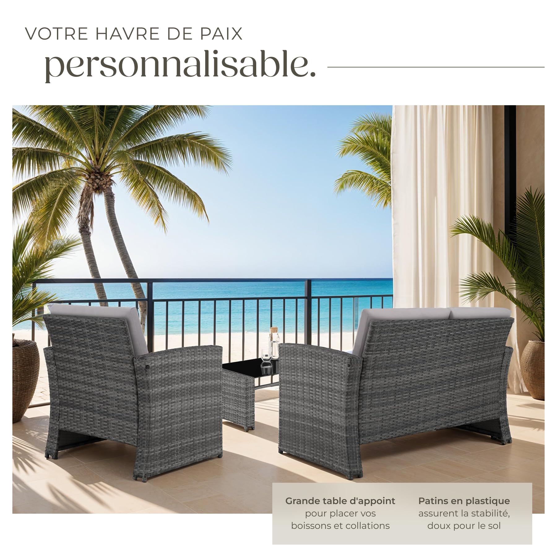 Salon de jardin en résine tressée 4 personnes canapé fauteuils table plateau verre avec coussins gris entretien facile 122 x 70 x 76 cm