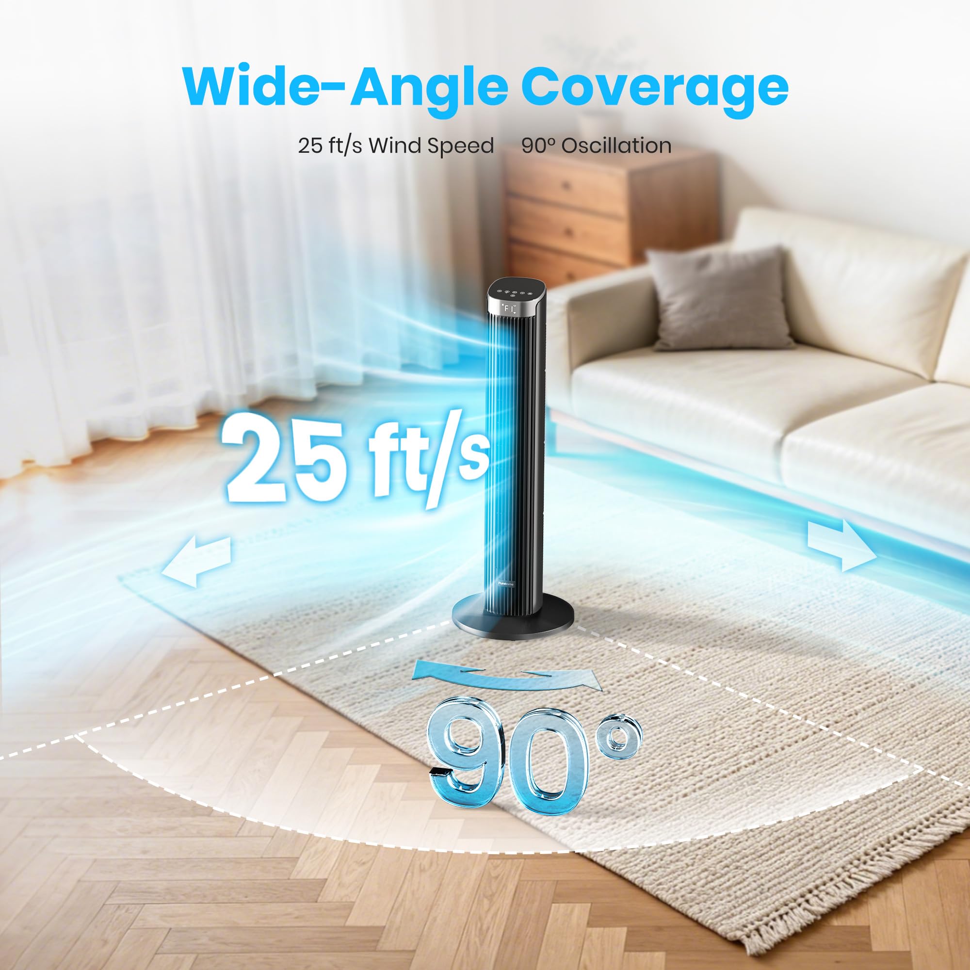 Ventilateur colonne HTF1001 91 cm silencieux 23 dB oscillation 90° 4 vitesses 4 modes minuterie 12h avec télécommande