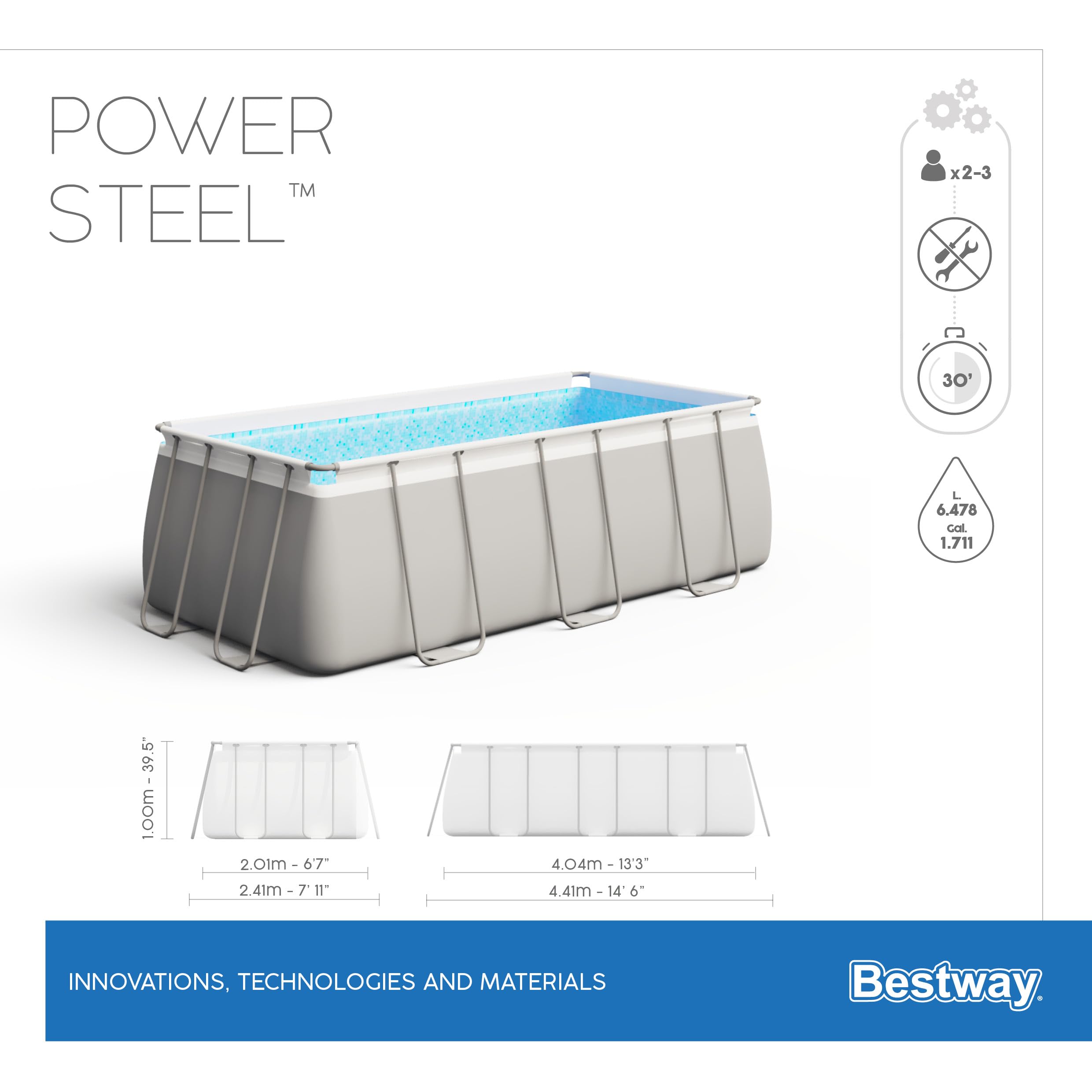 Piscine hors sol rectangulaire tubulaire Power Steel 1056441XXX21 404 x 201 x 100 cm avec pompe de filtration échelle de sécurité et distributeur