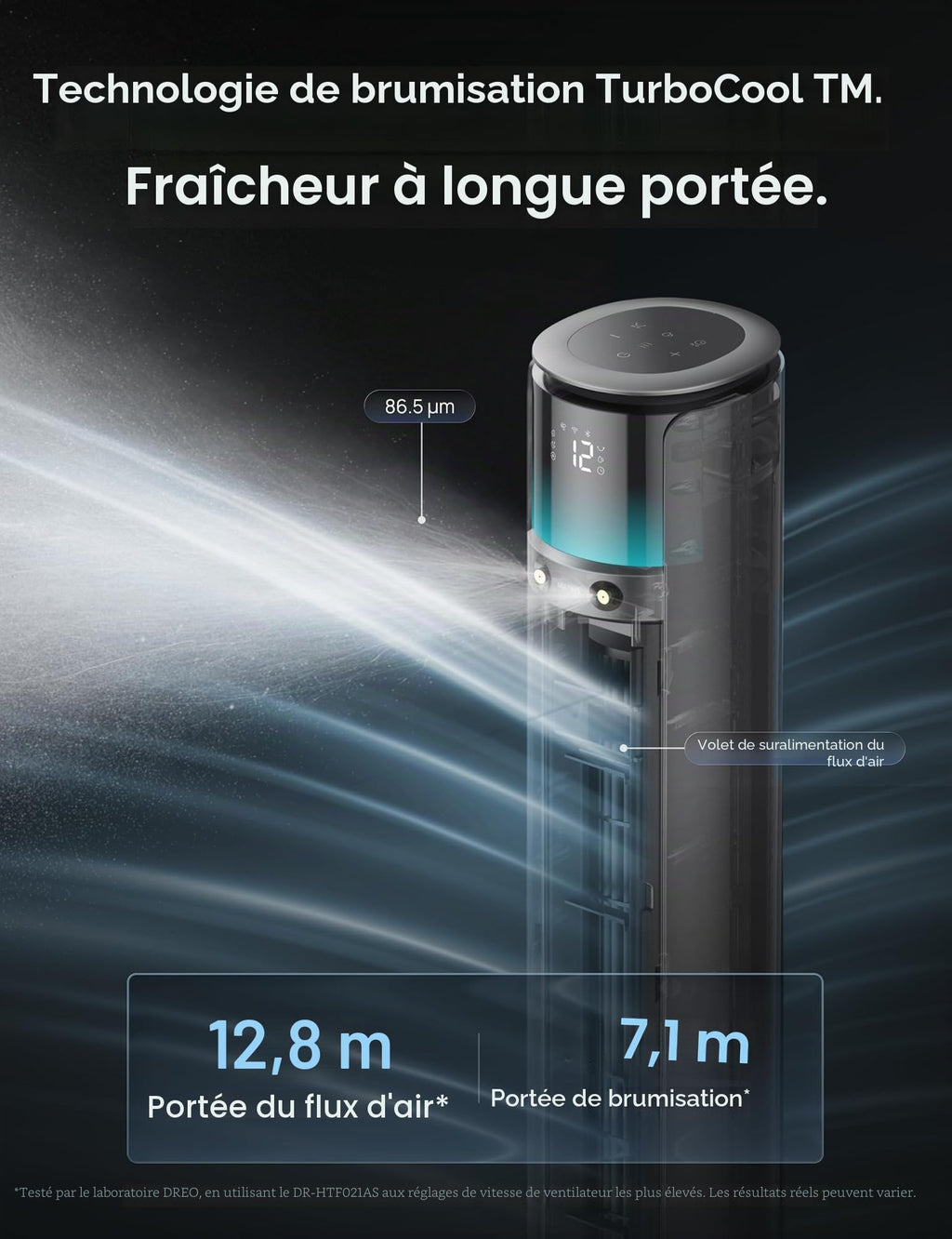 Ventilateur brumisateur sur pied TurboCool 711AS avec moteur DC 12 vitesses oscillation 150° débit d'air 3435 m³/h télécommande