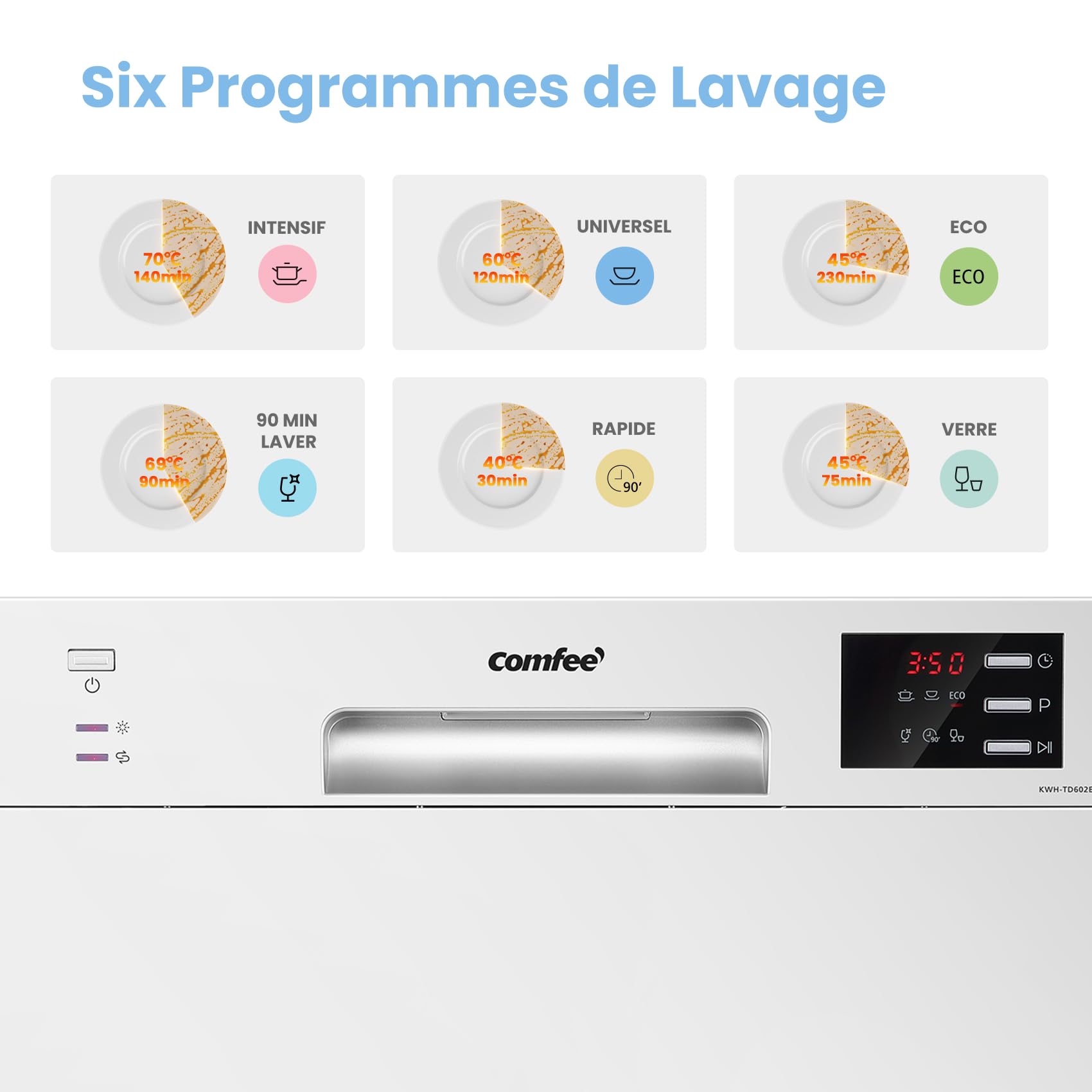 Lave-vaisselle compact pose libre 6 couverts 6 programmes avec écran LED 6,5 L démarrage différé 47 dB blanc
