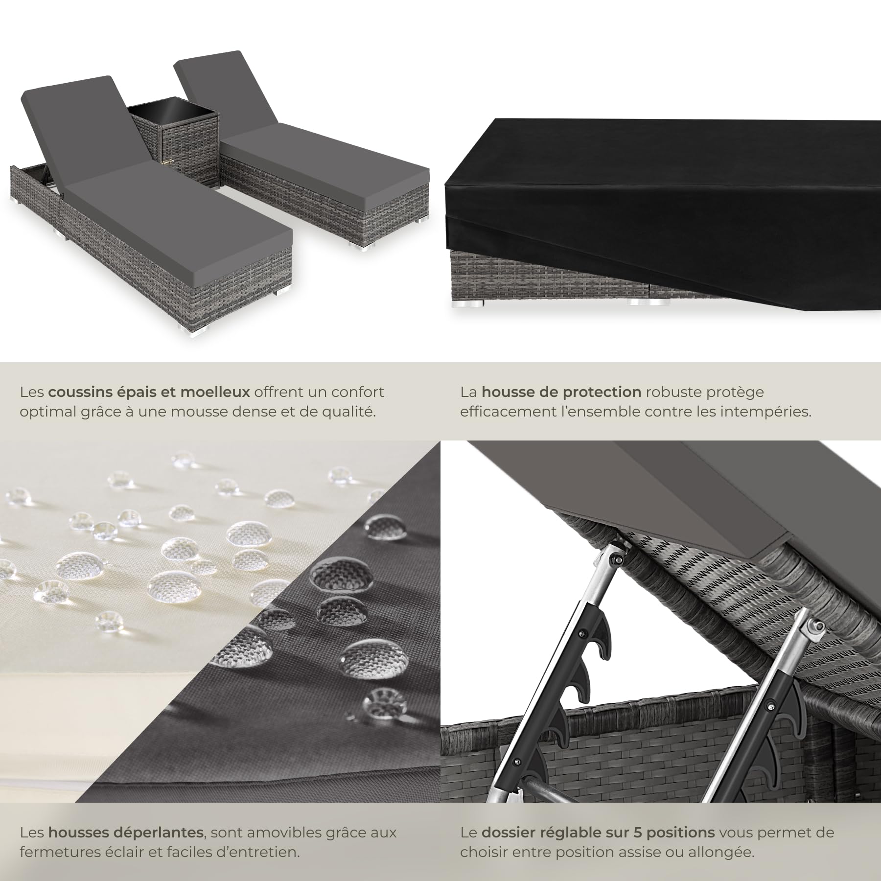 Set de 2 chaises longues bain de soleil avec table de jardin en résine tressée dossier réglable 5 positions housses incluses gris