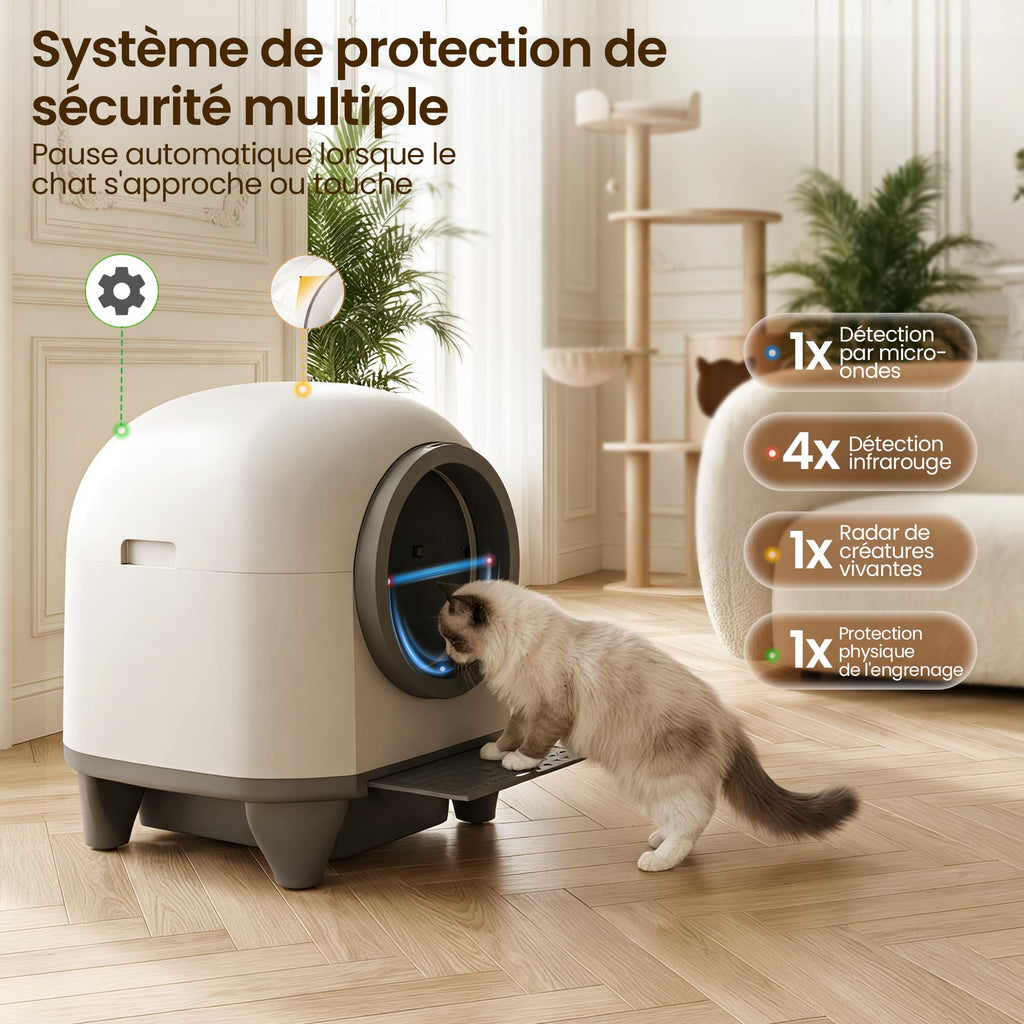 Litière autonettoyante pour chat XXL 90 L avec contrôle par application bac à déchets 8,5 L capteurs de sécurité pour chats jusqu'à 10 kg