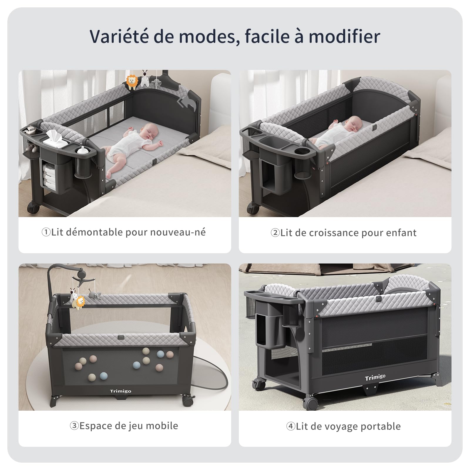 Lit bébé pliable évolutif 120 x 70 cm avec hauteur réglable moustiquaire table à langer jouets charge 25 kg