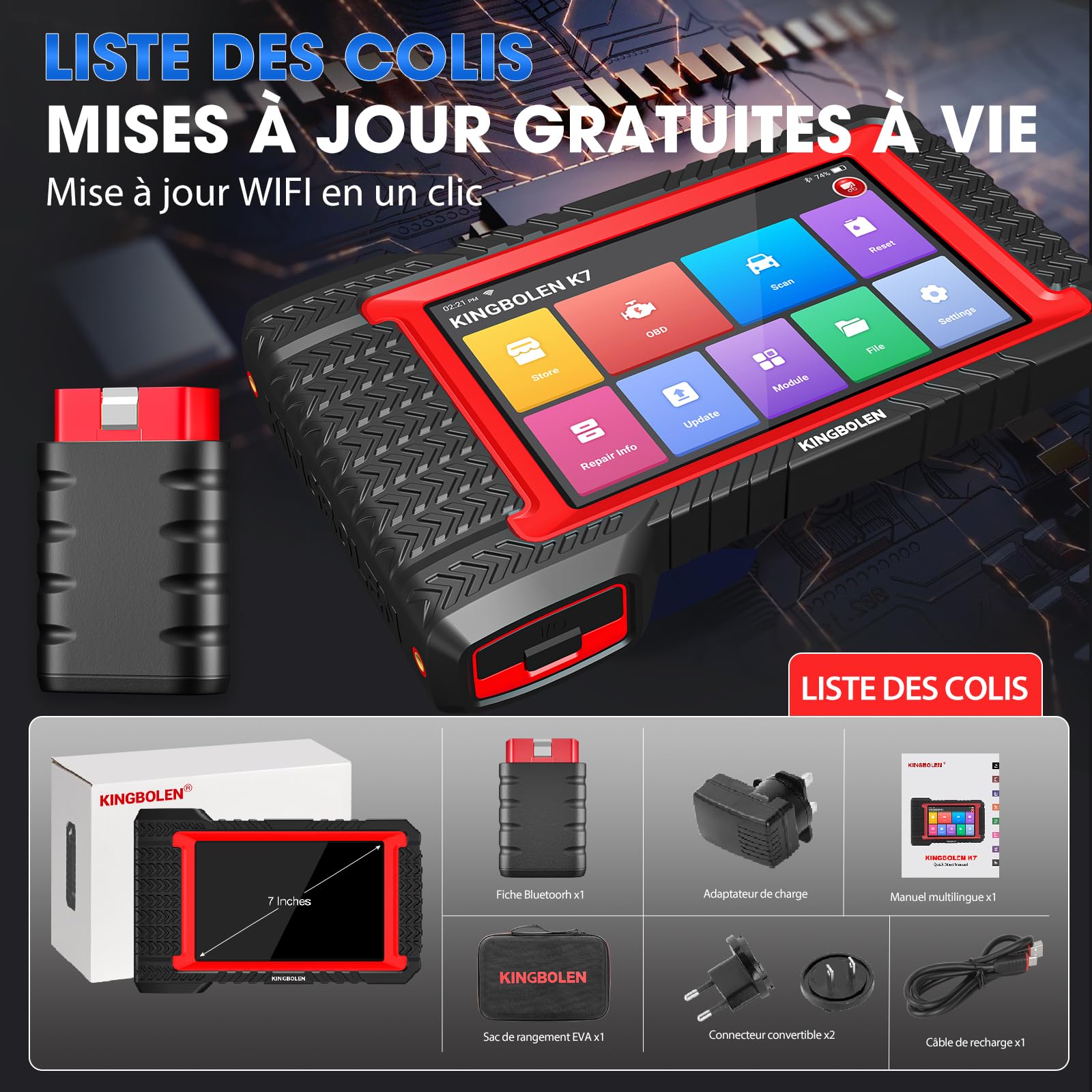 Valise diagnostic auto OBD2 K7 écran 7 pouces Android 10 codage ECU contrôle bidirectionnel 31 services réinitialisation