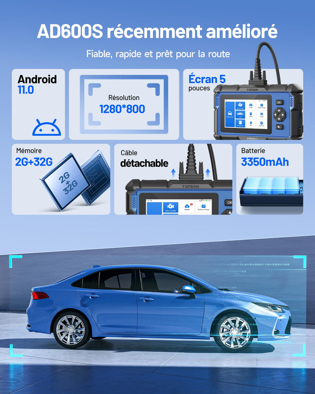 Valise diagnostic auto OBD2 ArtiDiag600S écran tactile 5 pouces Android 11 diagnostic 4 systèmes 9 fonctions réinitialisation