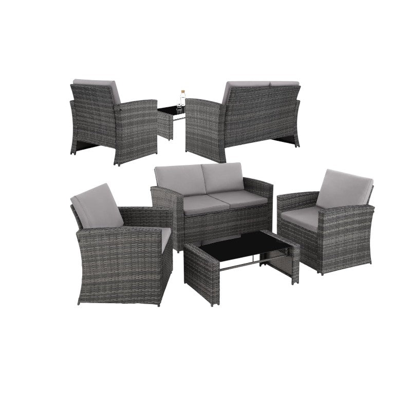 Salon de jardin en résine tressée 4 personnes canapé fauteuils table plateau verre avec coussins gris entretien facile 122 x 70 x 76 cm