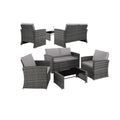 Salon de jardin en résine tressée 4 personnes canapé fauteuils table plateau verre avec coussins gris entretien facile 122 x 70 x 76 cm