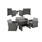 Salon de jardin en résine tressée 4 personnes canapé fauteuils table plateau verre avec coussins gris entretien facile 122 x 70 x 76 cm