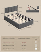 Lit coffre double 140 x 190 cm cadre de lit avec sommier relevable hydraulique rangement intégré tête de lit