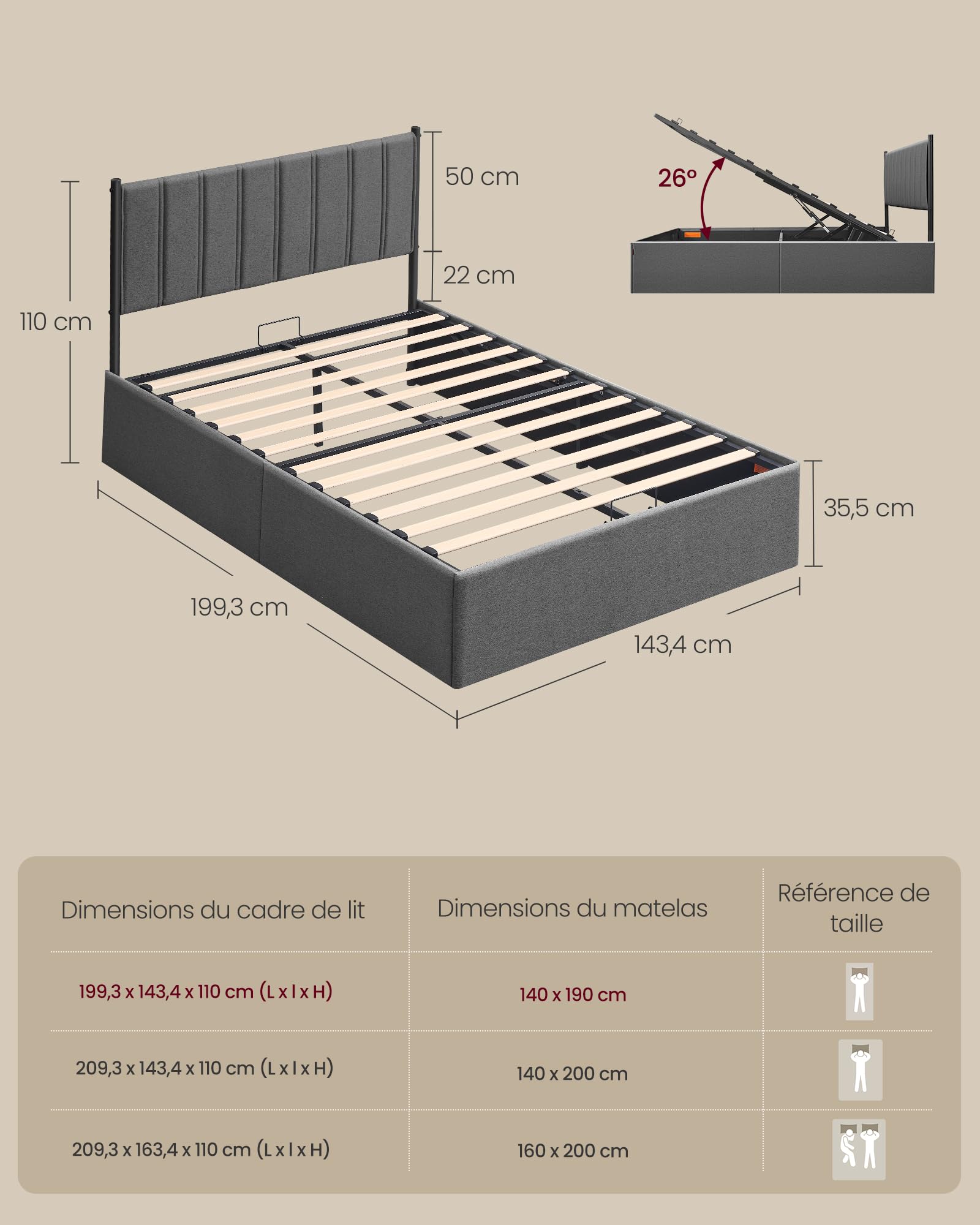 Lit coffre double 140 x 190 cm cadre de lit avec sommier relevable hydraulique rangement intégré tête de lit