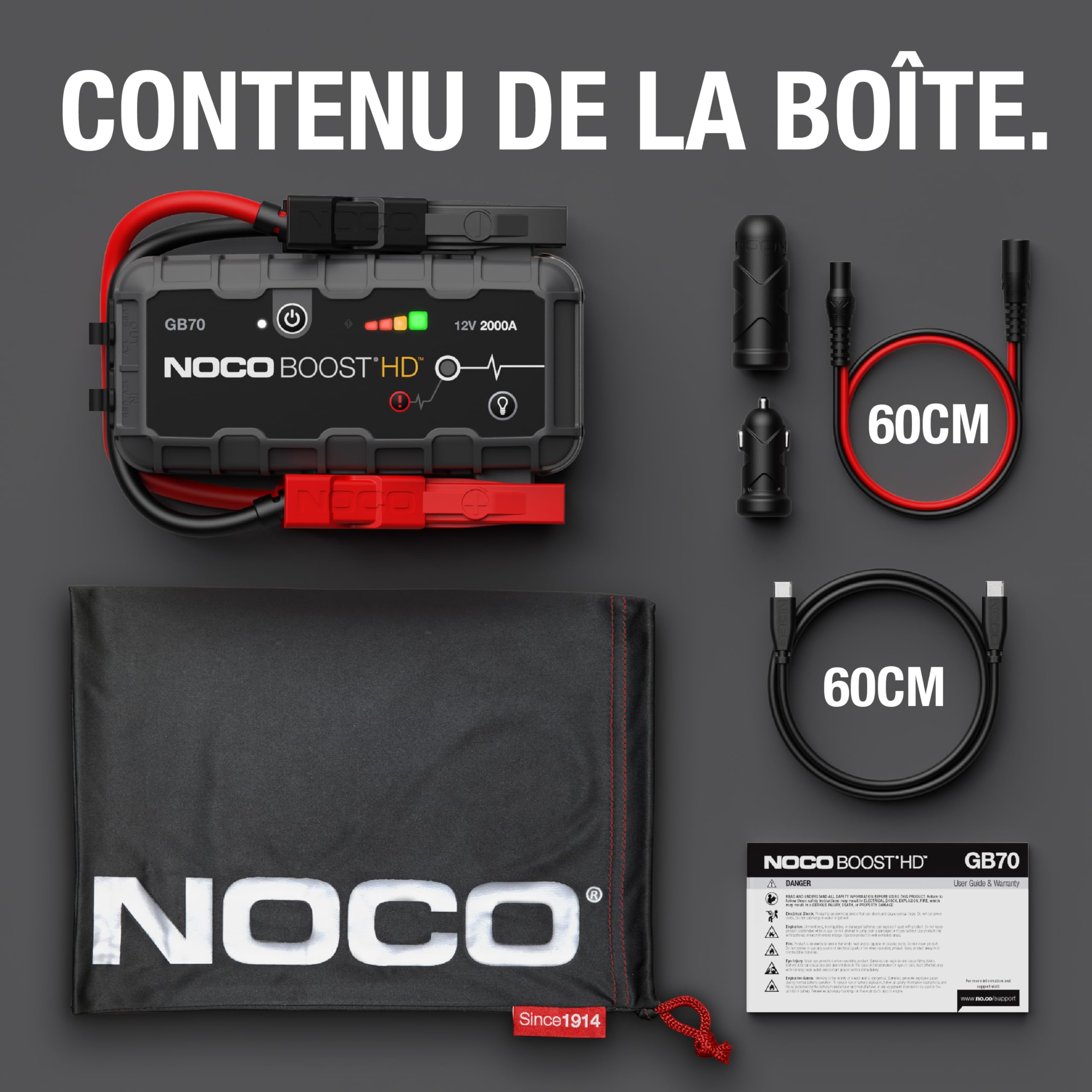 Booster de batterie lithium GB70 12V 2000A avec powerbank USB pour moteurs essence 8L et diesel 6L
