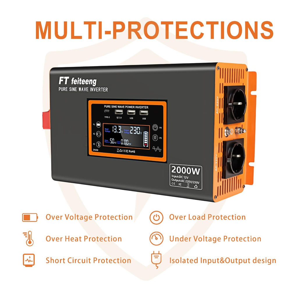 Convertisseur pur sinus 12V vers 220V PSW 2000W avec écran LCD télécommande ports USB et 2 prises CA