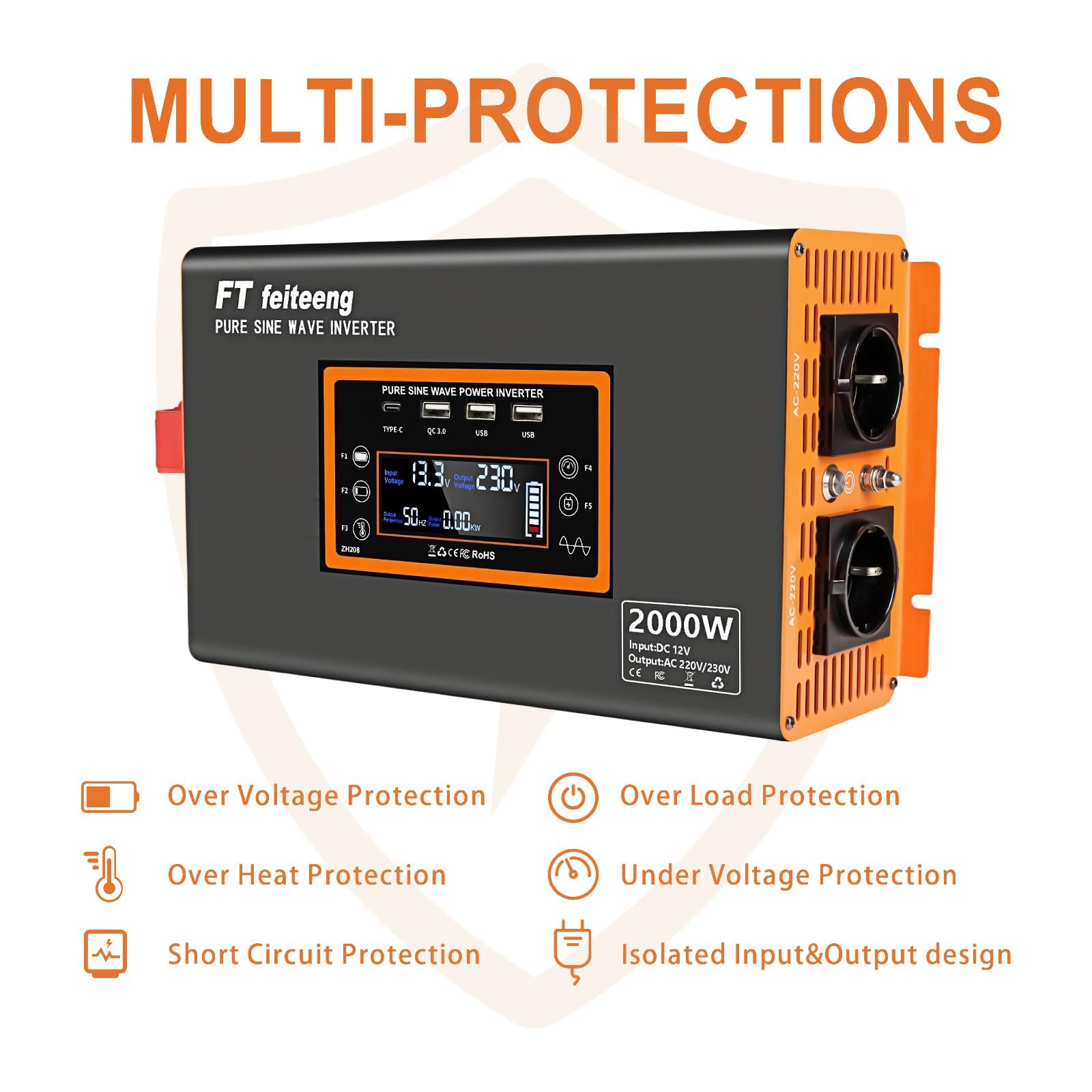 Convertisseur pur sinus 12V vers 220V PSW 2000W avec écran LCD télécommande ports USB et 2 prises CA