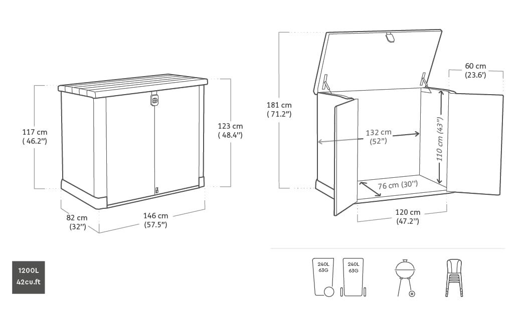 Abri poubelle SIO Pro 1200 litres extérieur en polypropylène avec couvercle verrouillable protection UV dimensions 145,5 x 82 x 123 cm