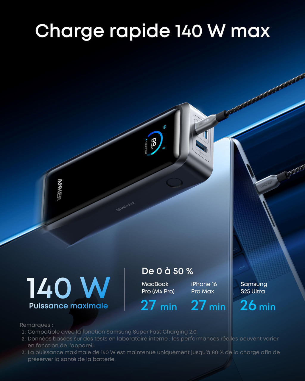 Batterie Externe 26250 mAh USB C 300 W Charge Rapide 3 Ports Compatible Ordinateur Portable