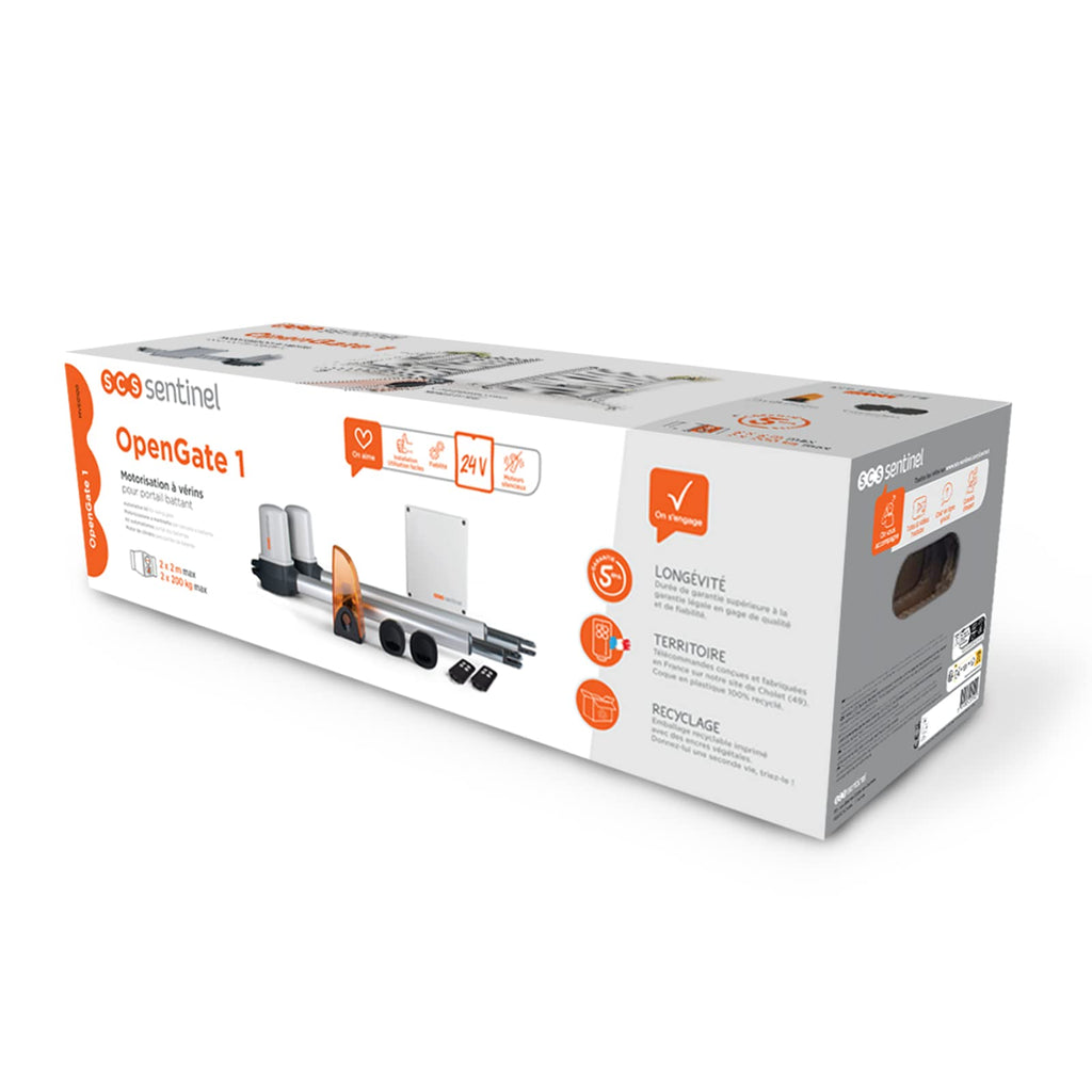 Motorisation portail battant OpenGate MVE0100 24V avec 2 télécommandes portée 50 m feu LED longueur 4 m