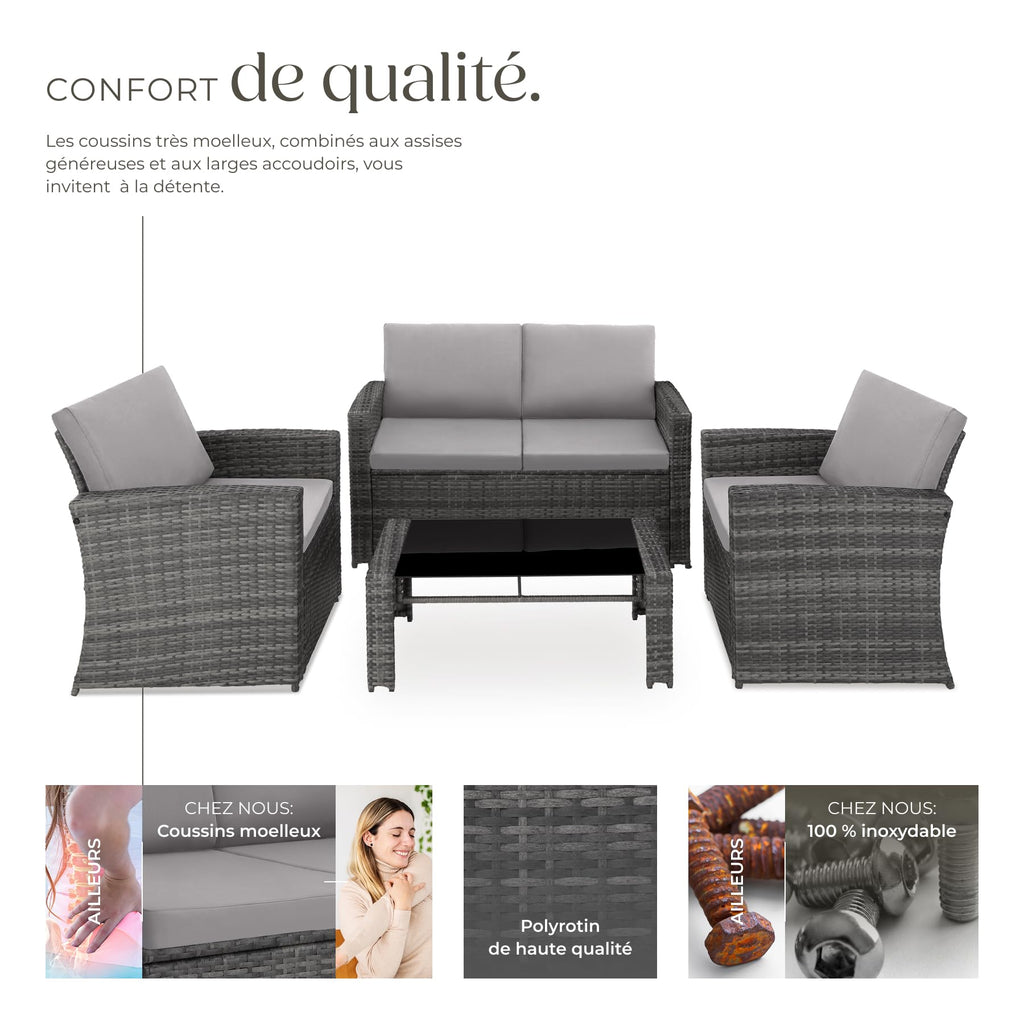 Salon de jardin en résine tressée 4 personnes canapé fauteuils table plateau verre avec coussins gris entretien facile 122 x 70 x 76 cm
