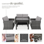 Salon de jardin en résine tressée 4 personnes canapé fauteuils table plateau verre avec coussins gris entretien facile 122 x 70 x 76 cm