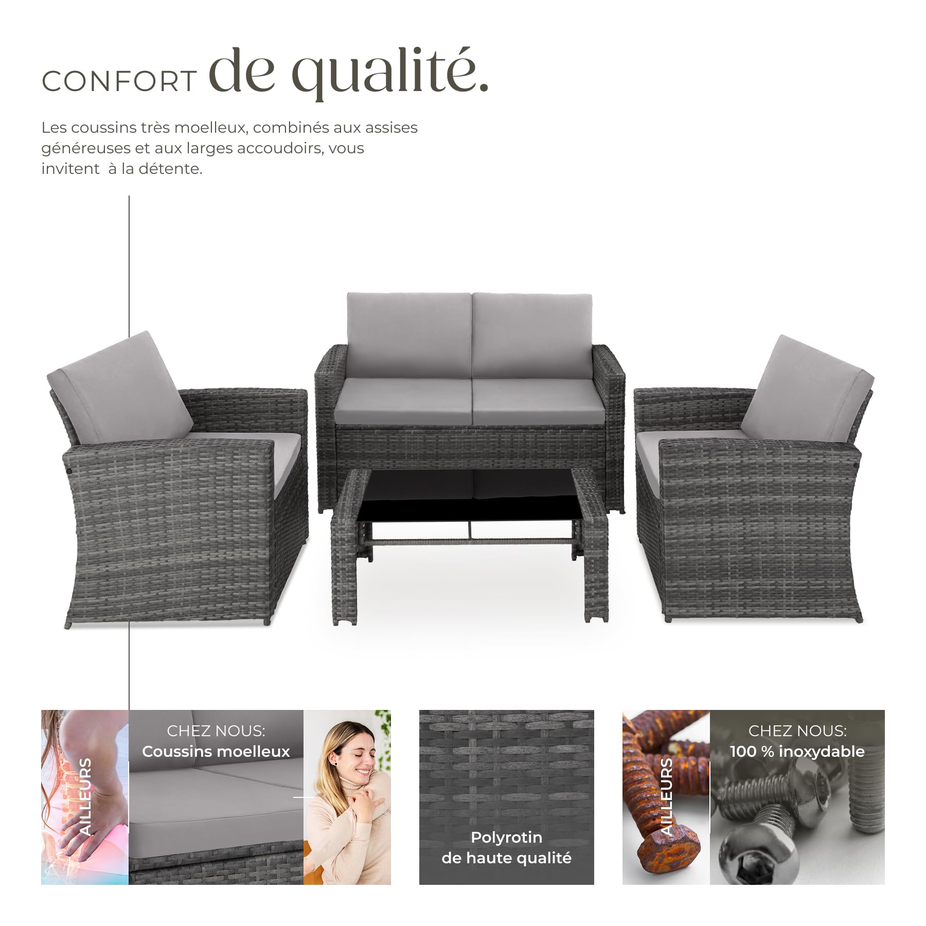 Salon de jardin en résine tressée 4 personnes canapé fauteuils table plateau verre avec coussins gris entretien facile 122 x 70 x 76 cm