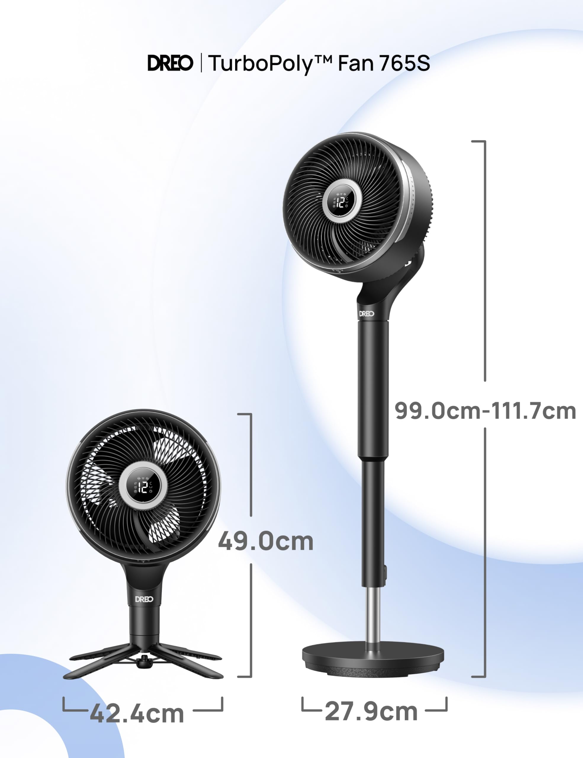 Ventilateur sur pied DR-HPF015S intelligent oscillation 3D 150°+100° moteur DC silencieux 20 dB 12 vitesses 6 modes télécommande
