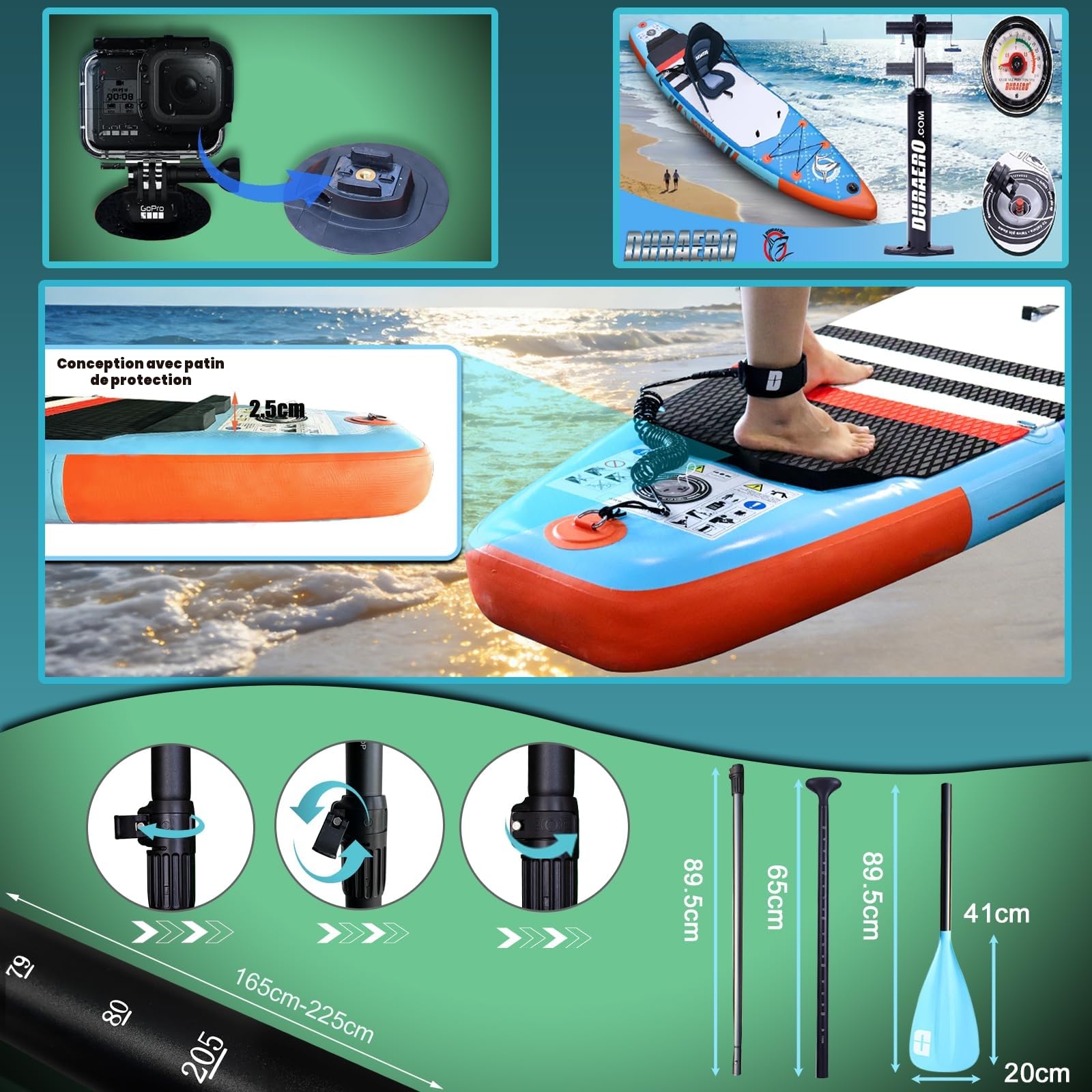 Planche SUP gonflable 330 x 76 x 15 cm avec siège kayak pagaie double réglable support caméra charge maximale 150 kg