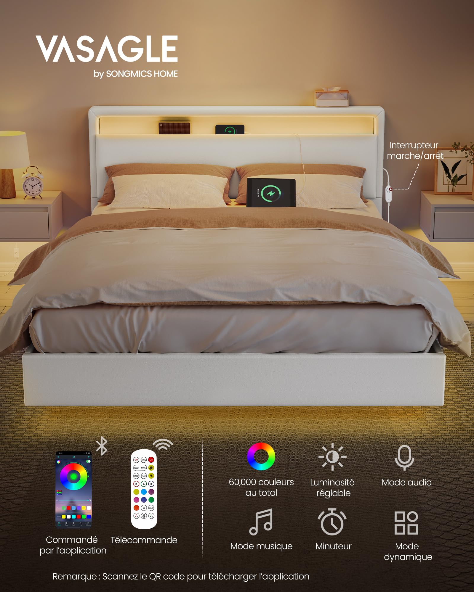 Lit double flottant 140 x 190 cm cadre avec éclairage LED tête de lit rembourrée ports USB et étagère