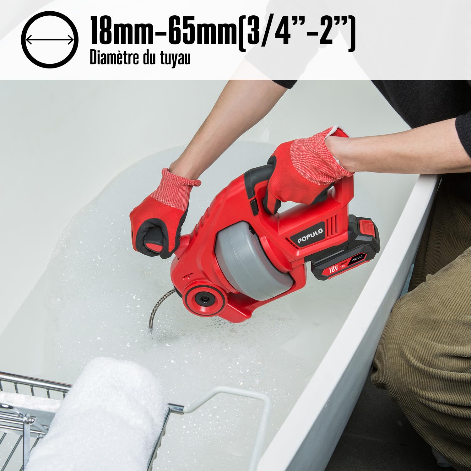 Furet déboucheur de canalisation sans fil 20V rouge arbre flexible 7,6 m pour tuyaux 19-76 mm avec batterie lithium-ion