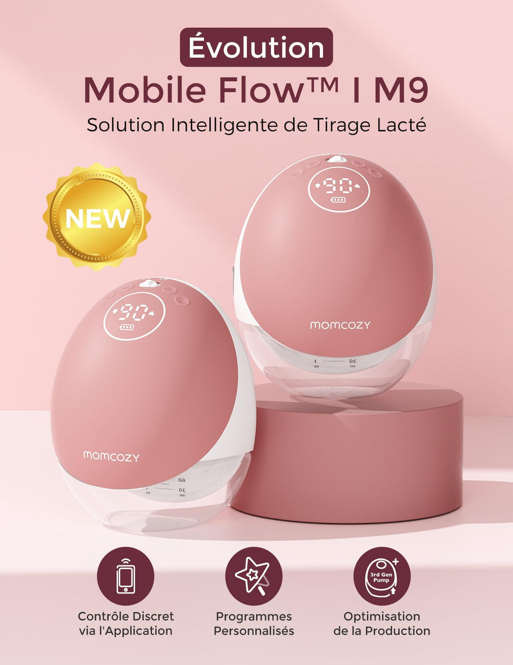 Tire-lait électrique mains libres M9 double pompe portable contrôle par application aspiration réglable 15 niveaux