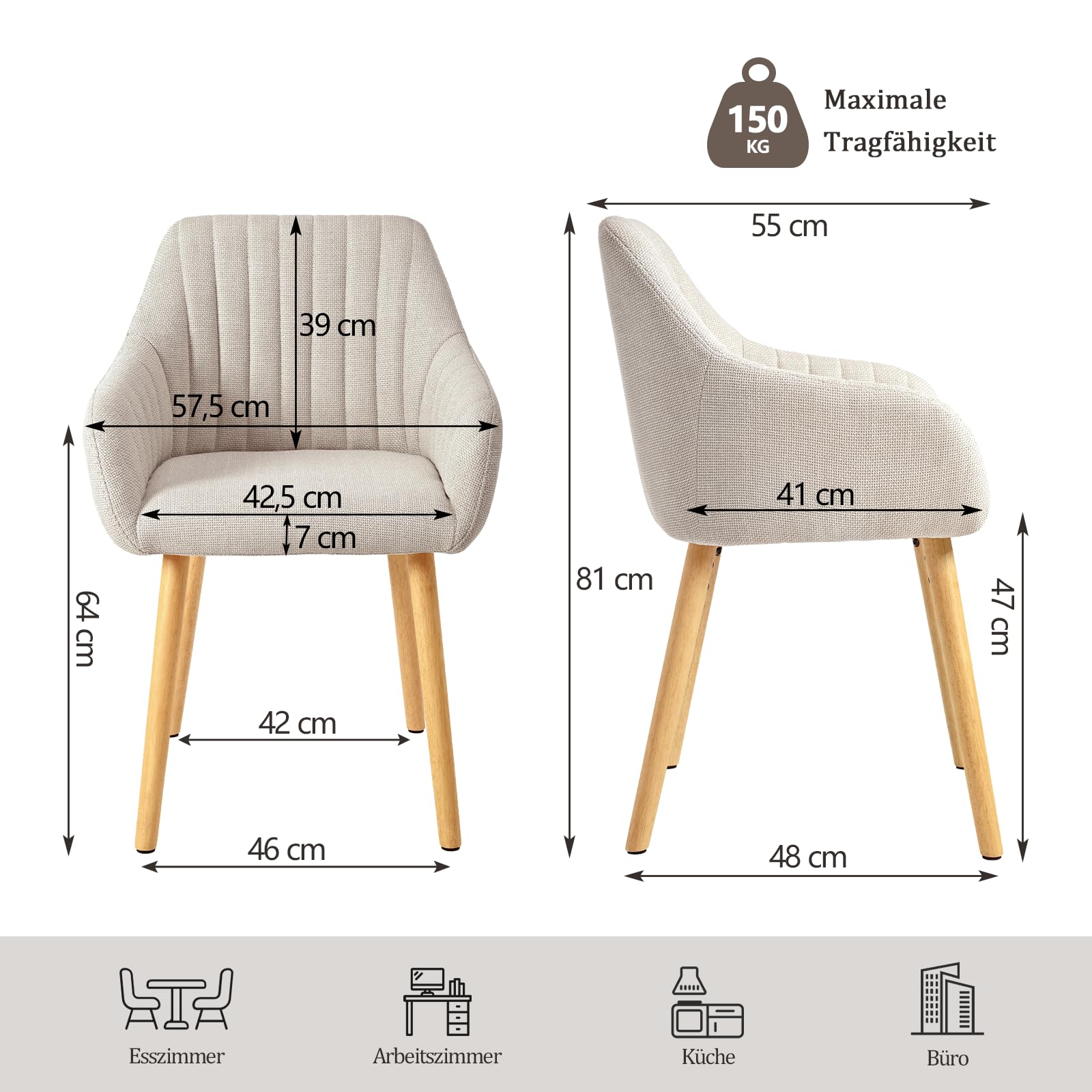 Chaises de salle à manger avec accoudoirs dossier réglable en velours rembourré lot de 6 pieds en bois beige