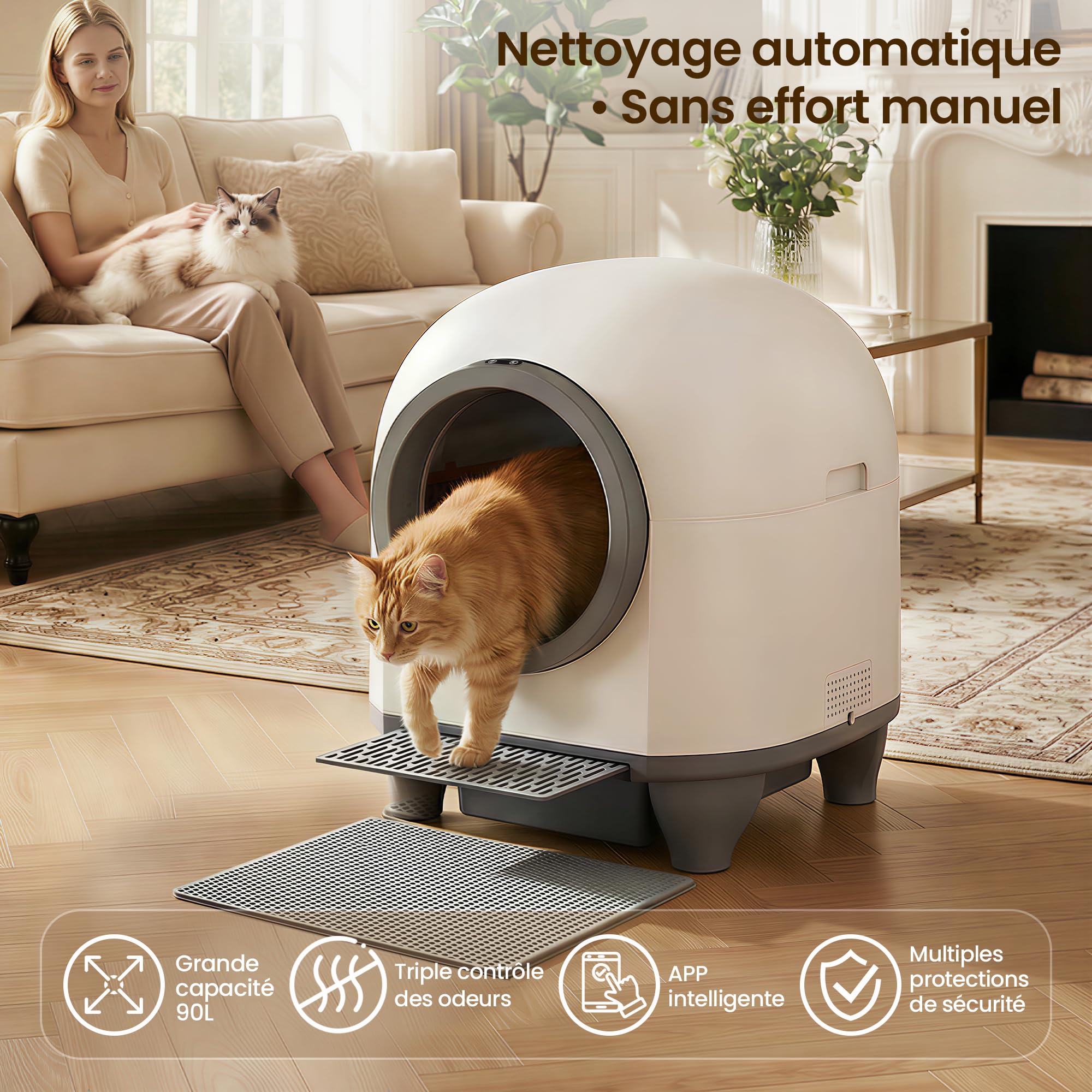 Litière autonettoyante pour chat XXL 90 L avec contrôle par application bac à déchets 8,5 L capteurs de sécurité pour chats jusqu'à 10 kg