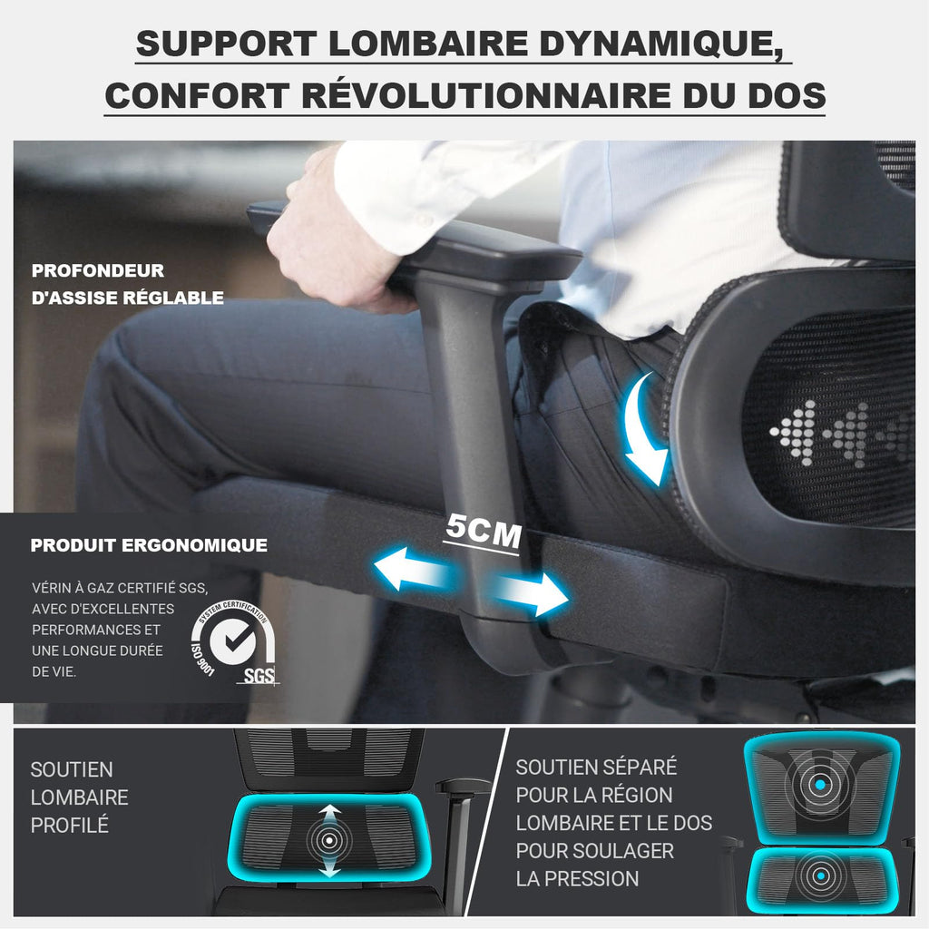 Fauteuil de bureau ergonomique N045 avec accoudoirs 4D appui-tête 3D profondeur d'assise réglable inclinaison 4 niveaux support 200 kg