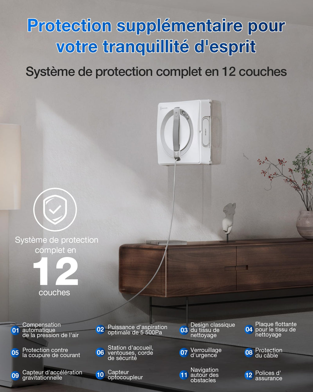 Robot nettoyeur de vitres WINBOT W2 Pro Omni avec station multifonction buse triple pulvérisation système de protection 12 niveaux