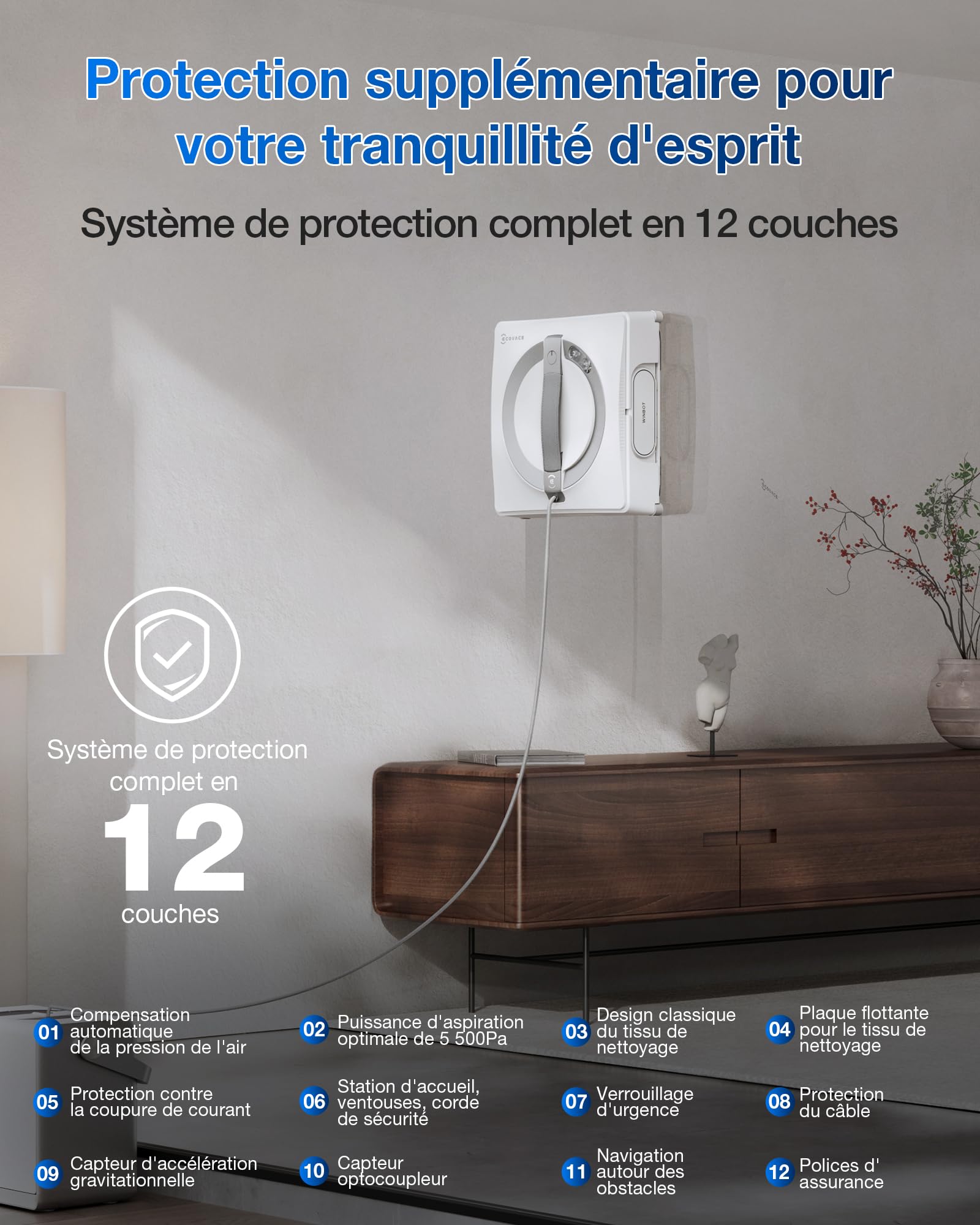 Robot nettoyeur de vitres WINBOT W2 Pro Omni avec station multifonction buse triple pulvérisation système de protection 12 niveaux